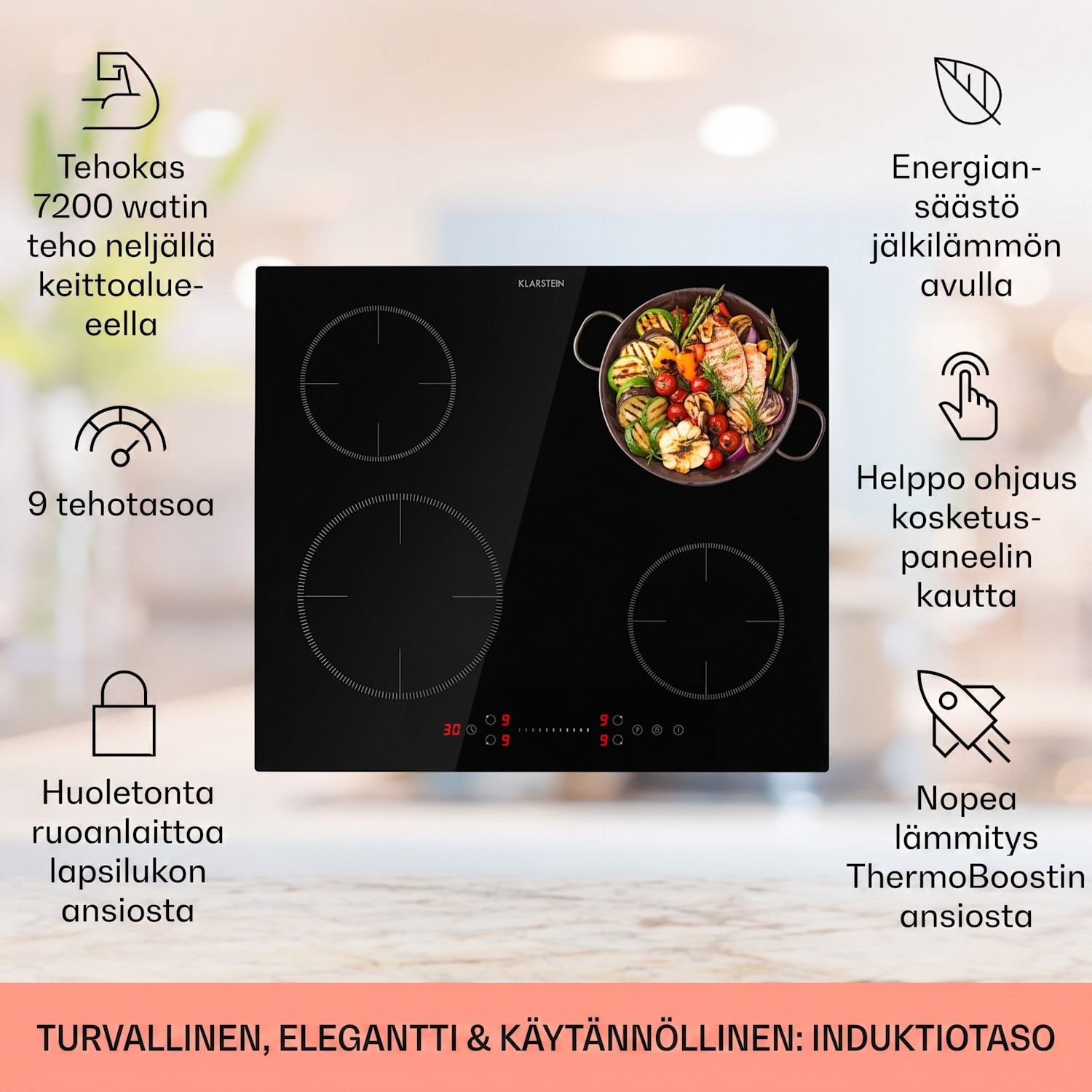 Virtuosa EcoAdapt -induktioliesi 4 aluetta 7200 W lasi musta 