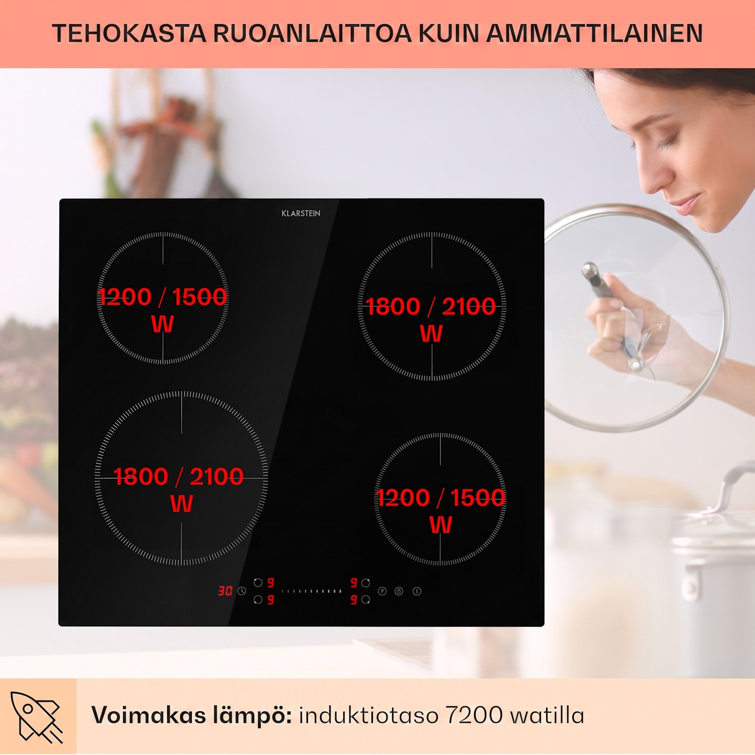 Virtuosa EcoAdapt -induktioliesi 4 aluetta 7200 W lasi musta 
