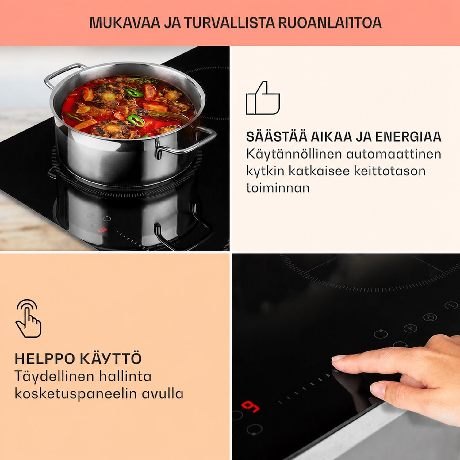 Virtuosa EcoAdapt -induktioliesi 4 aluetta 7200 W lasi musta 