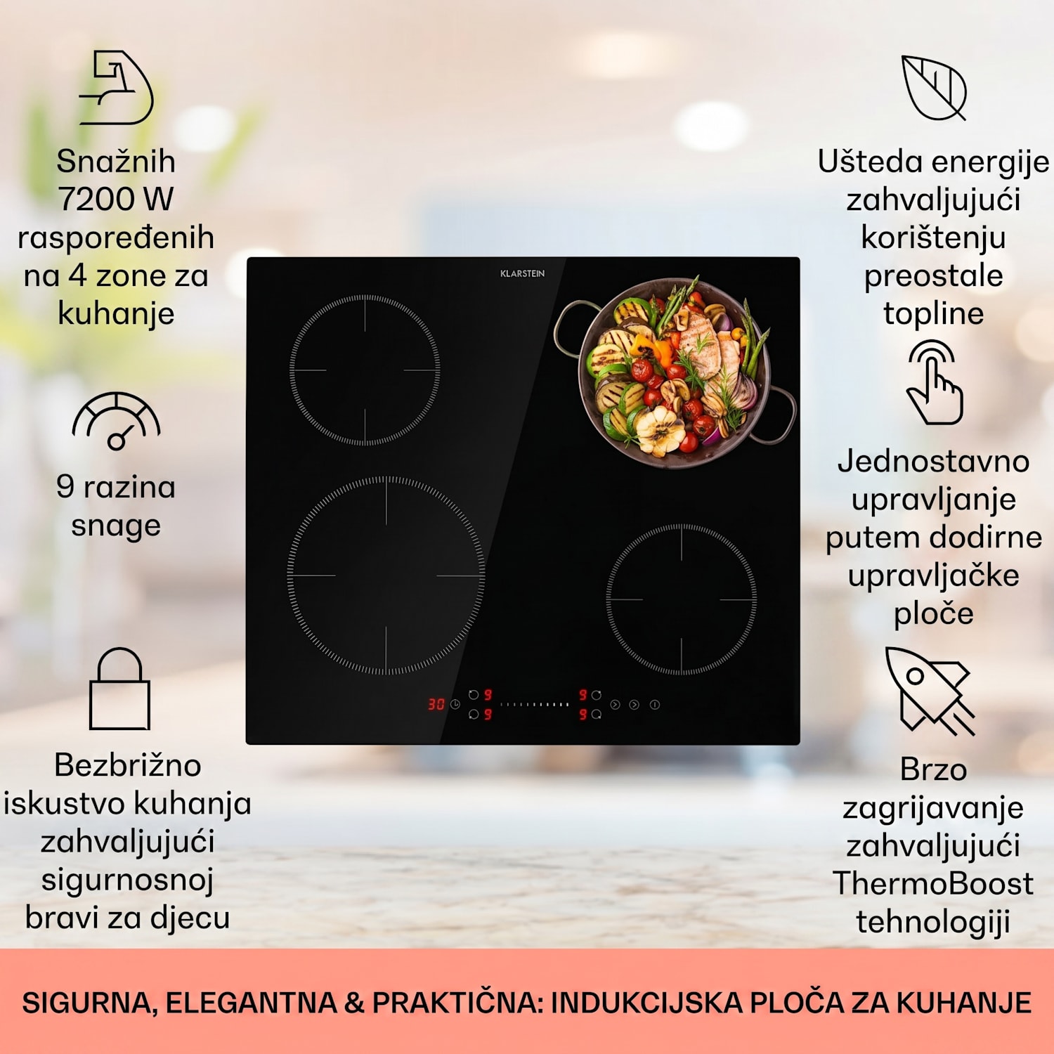 Virtuosa EcoAdapt, indukcijska ploča za kuhanje, 4 zone, 7200 W, staklo, crna 