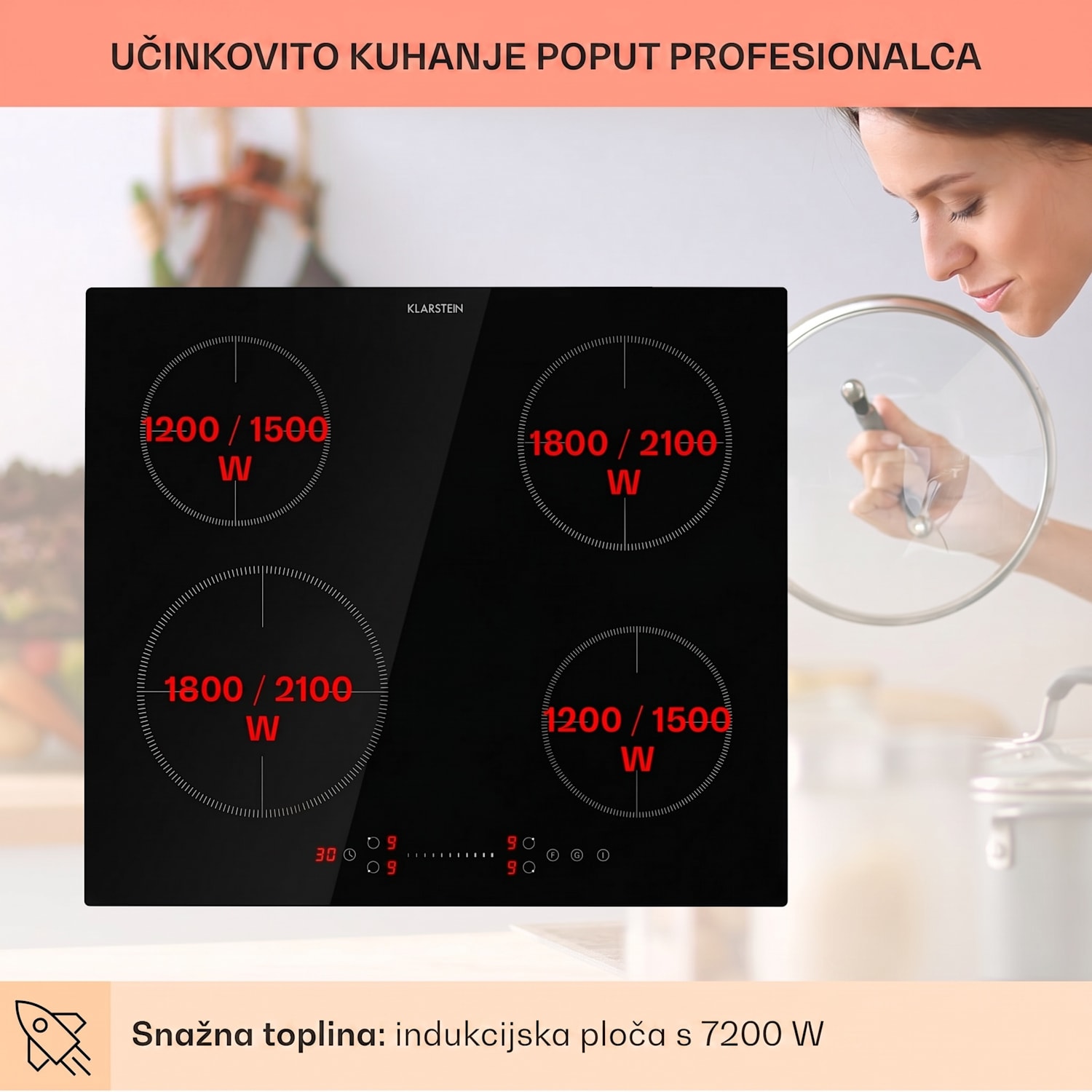 Virtuosa EcoAdapt, indukcijska ploča za kuhanje, 4 zone, 7200 W, staklo, crna 
