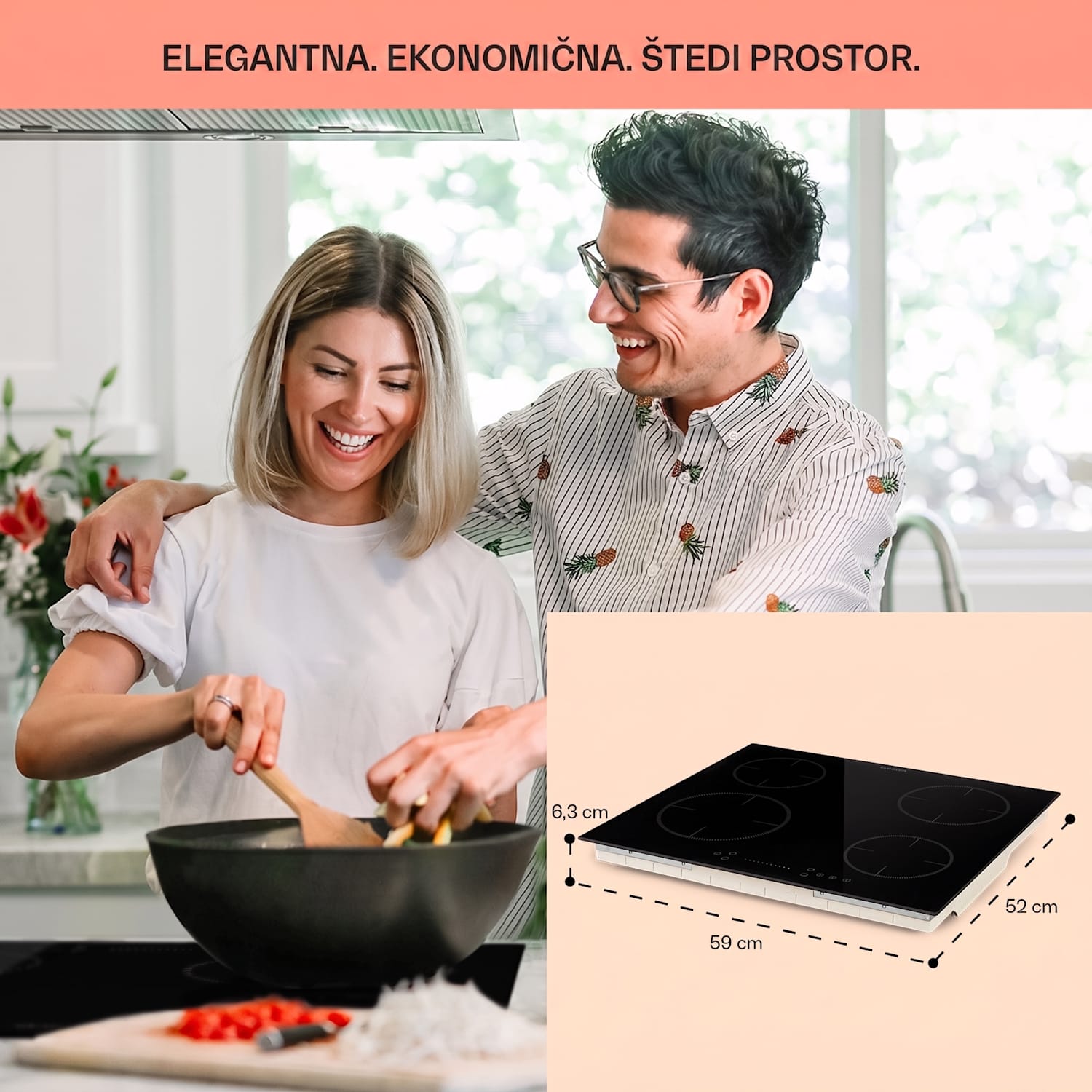 Virtuosa EcoAdapt, indukcijska ploča za kuhanje, 4 zone, 7200 W, staklo, crna 
