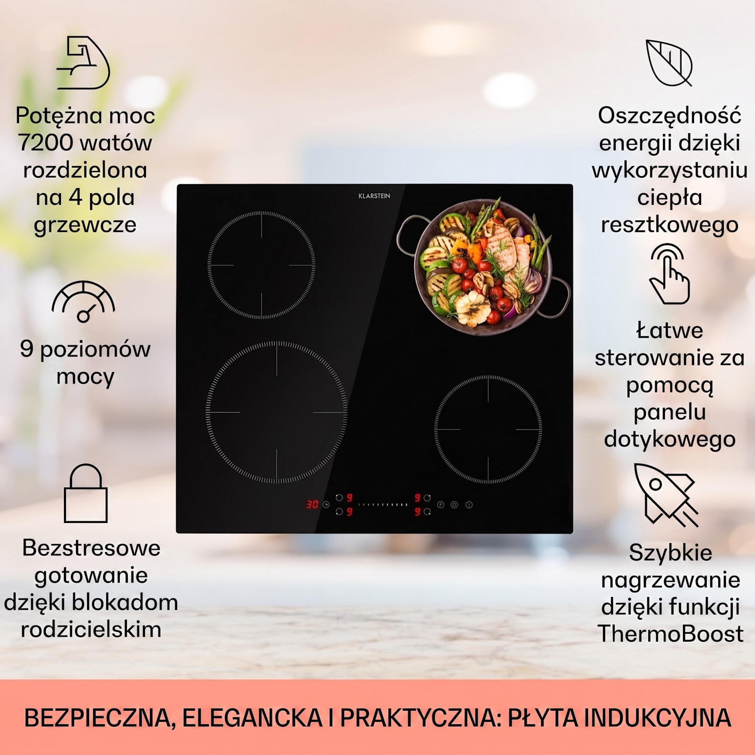 Virtuosa EcoAdapt, płyta indukcyjna, 4 strefy, 7200 W, szkło ceramiczne 