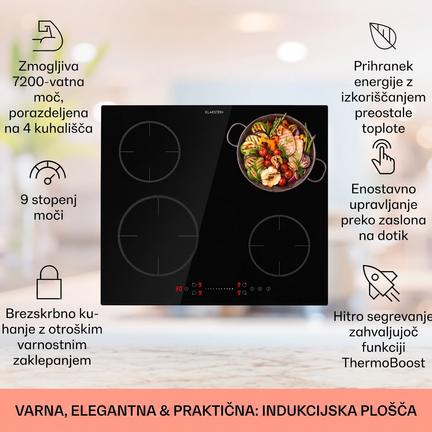Virtuosa EcoAdapt, indukcijska kuhalna plošča, 4 plošče, 7200 W, steklo, črna 