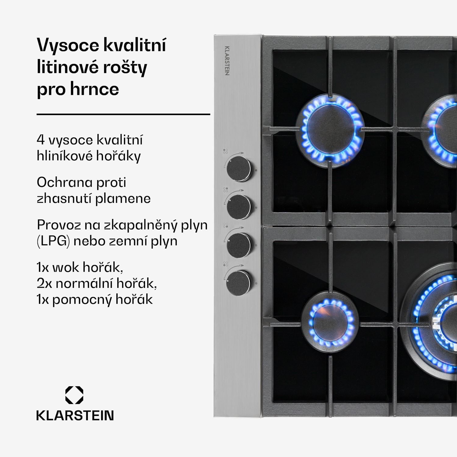 Alchemist, plynová varná deska, 4 hliníkové hořáky, sklokeramika, černá 60 cm | 4 hořáky | Stříbrná