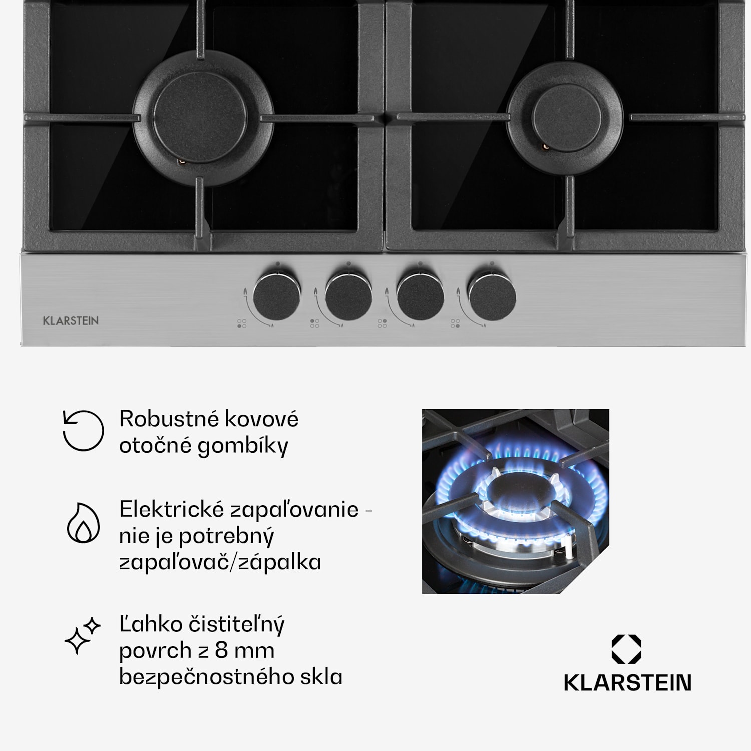 Alchemist, plynová varná doska, 4 hliníkové horáky, sklokeramika, čierna 60 cm | 4 horáky | Strieborná