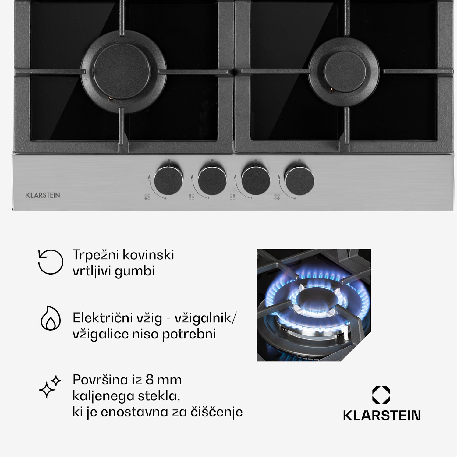 Alchemist, 4-conska plinska kuhalna plošča, aluminijasti gorilniki, steklokeramika, črna 60 cm | 4 gorilniki | Srebrna