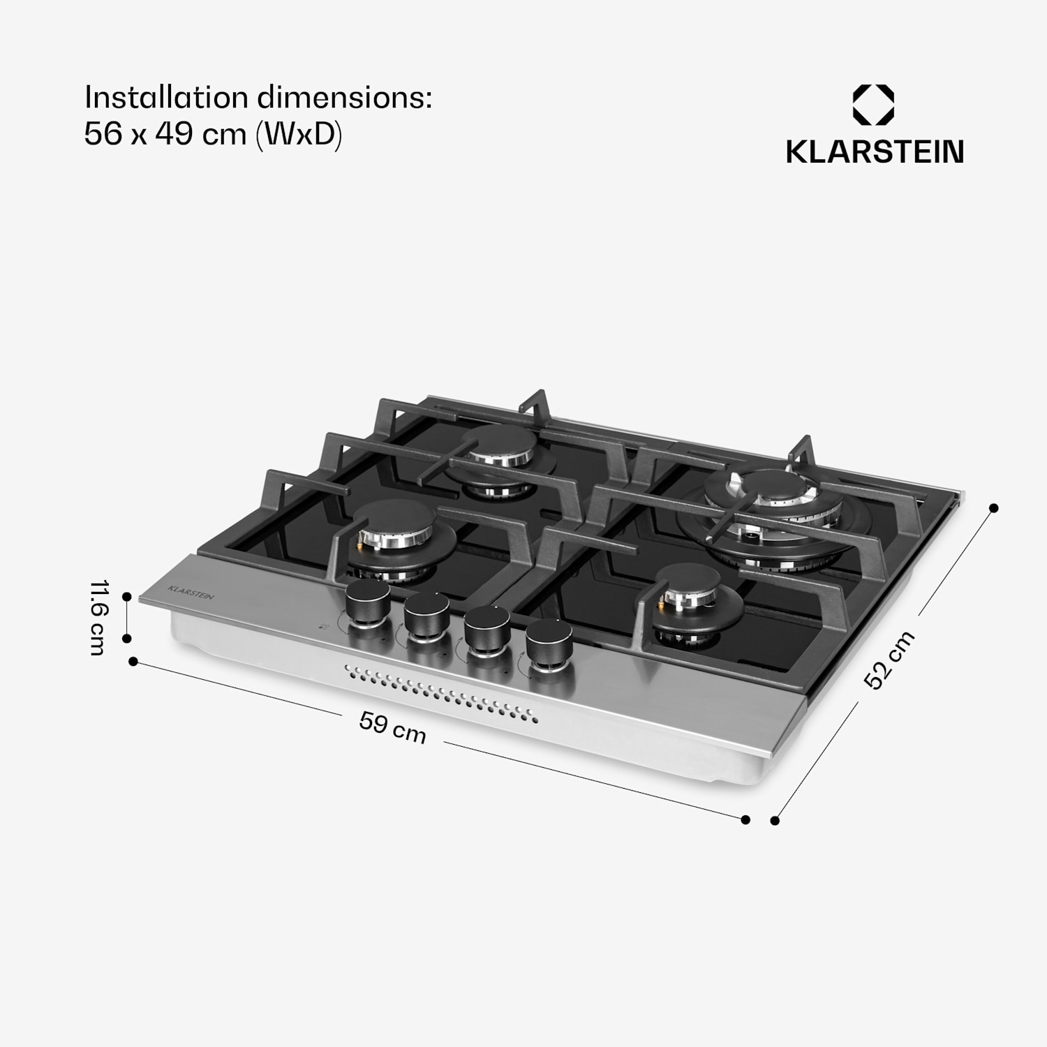 Alchemist 4-alueinen kaasuliesi alumiinipolttimilla, musta lasikeraaminen 60 cm | 4 poltinta | Hopea
