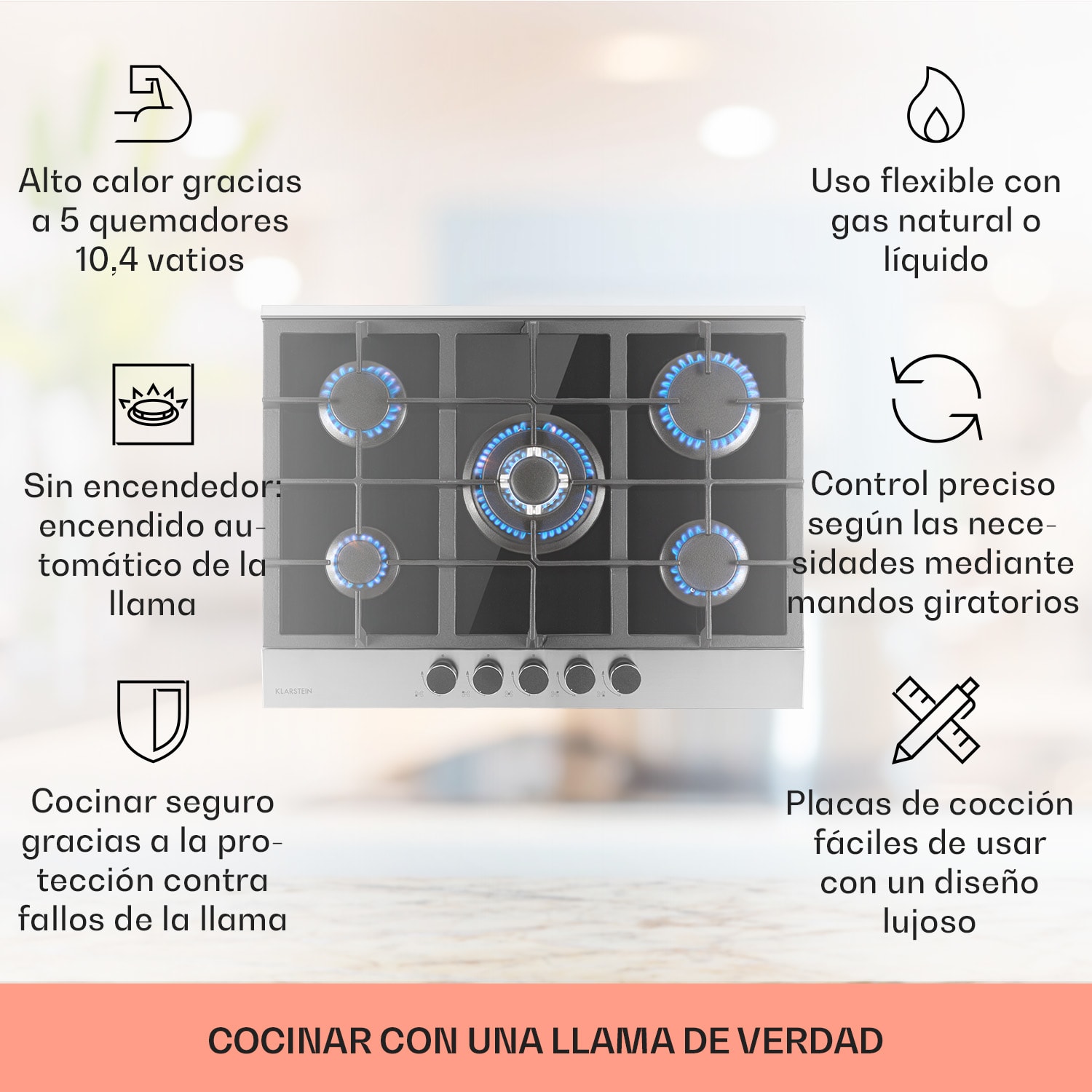 Alchemist Cocina a gas de 5 zonas quemadores de aluminio vitroceramica de color negro 70 cm | 5 fogones | Plata