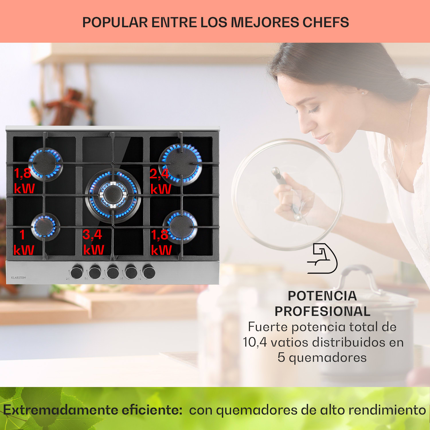 Alchemist Cocina a gas de 5 zonas quemadores de aluminio vitroceramica de color negro 70 cm | 5 fogones | Plata