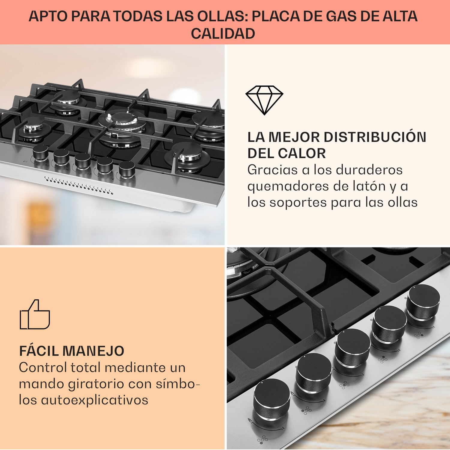 Alchemist Cocina a gas de 5 zonas quemadores de aluminio vitroceramica de color negro 70 cm | 5 fogones | Plata