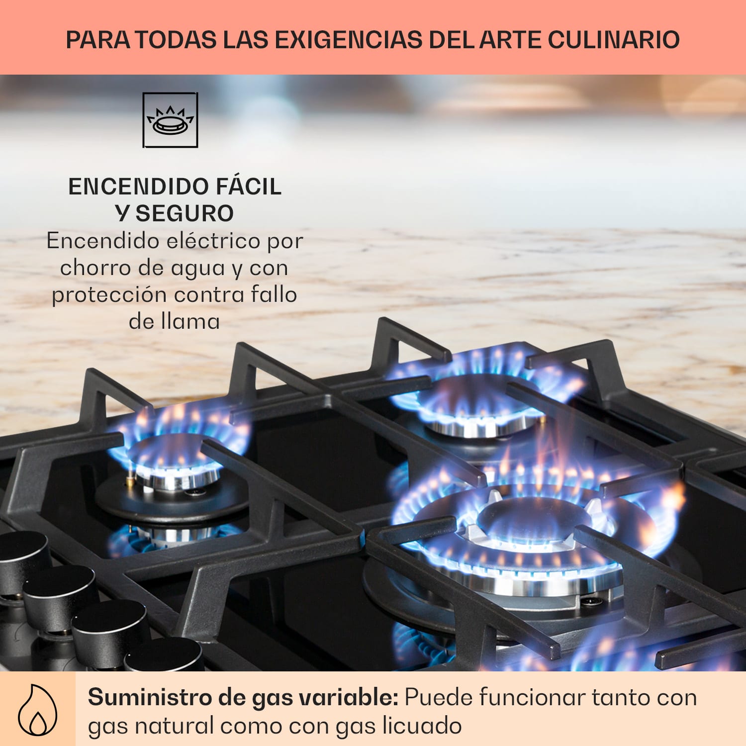Alchemist Cocina a gas de 5 zonas quemadores de aluminio vitroceramica de color negro 70 cm | 5 fogones | Plata