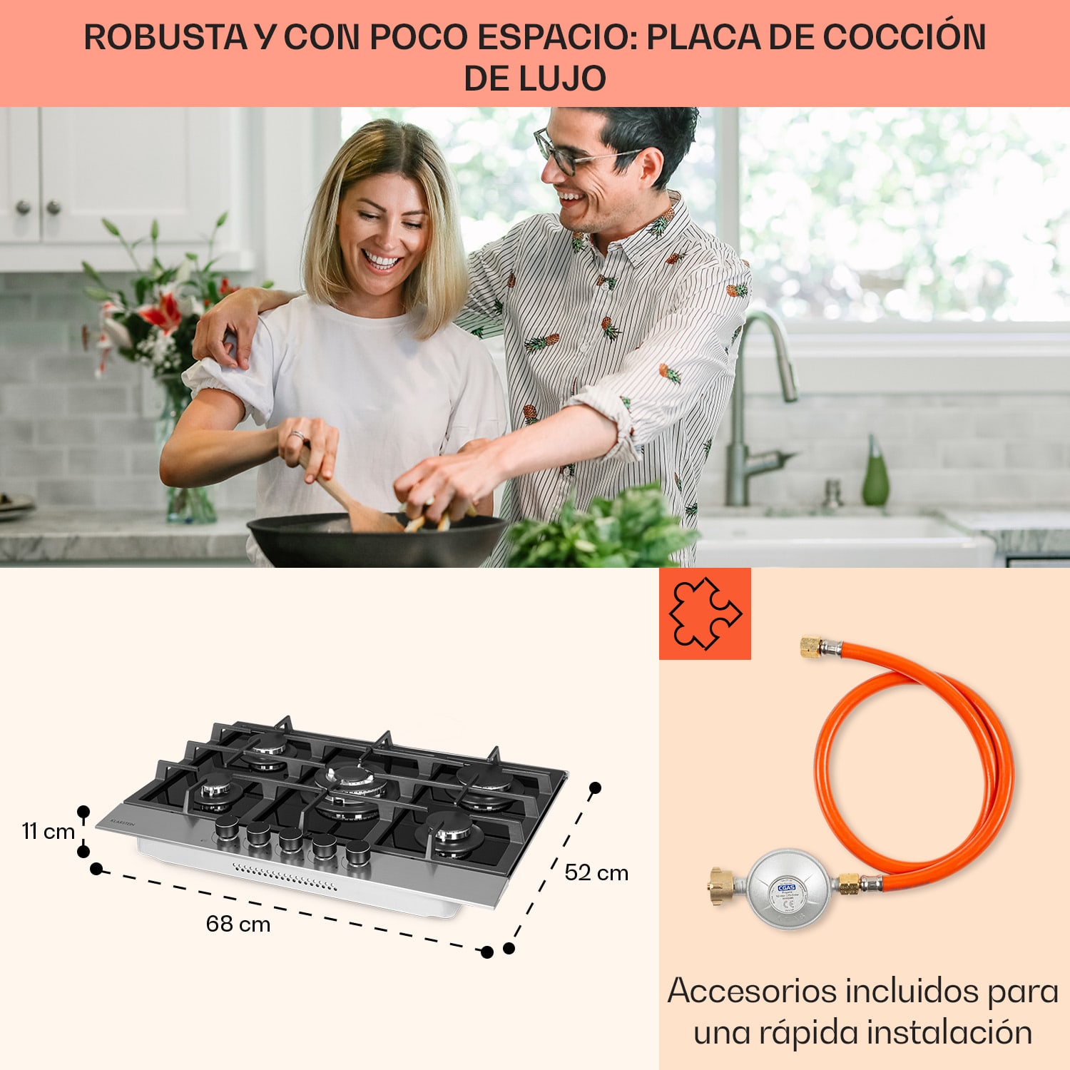 Alchemist Cocina a gas de 5 zonas quemadores de aluminio vitroceramica de color negro 70 cm | 5 fogones | Plata