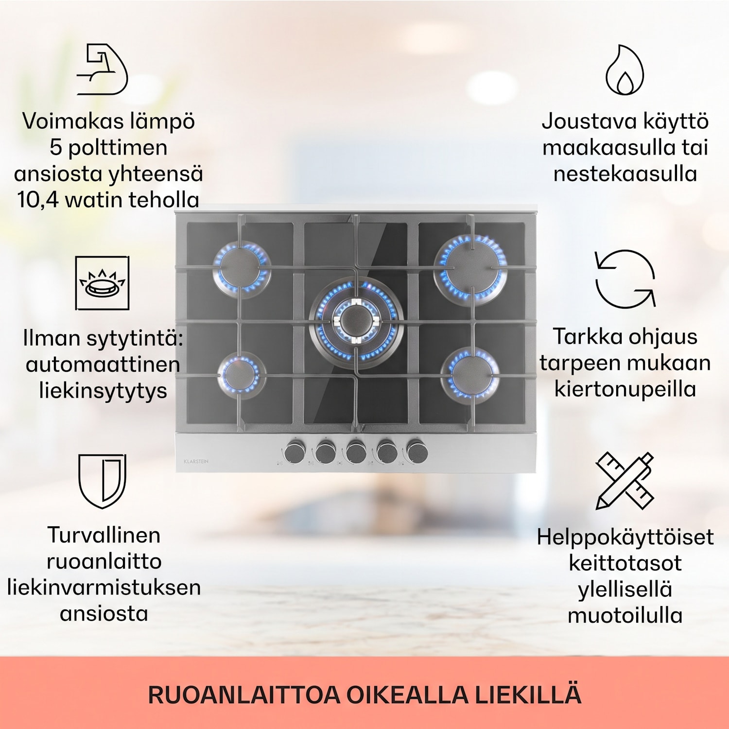 Alchemist 5-alueinen kaasuliesi alumiinipolttimilla, musta lasikeramiikka 70 cm | 5 poltinta | Hopea