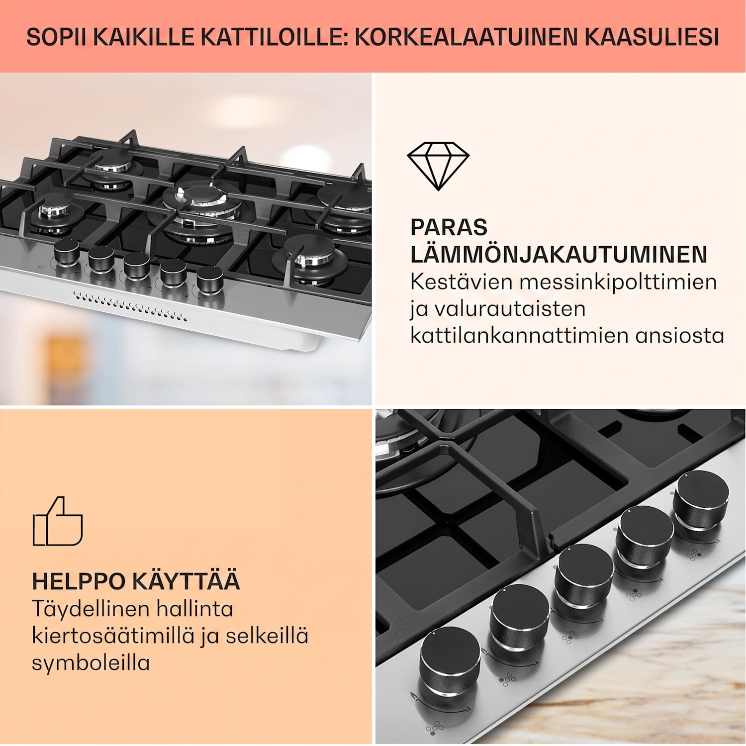 Alchemist 5-alueinen kaasuliesi alumiinipolttimilla, musta lasikeramiikka 70 cm | 5 poltinta | Hopea