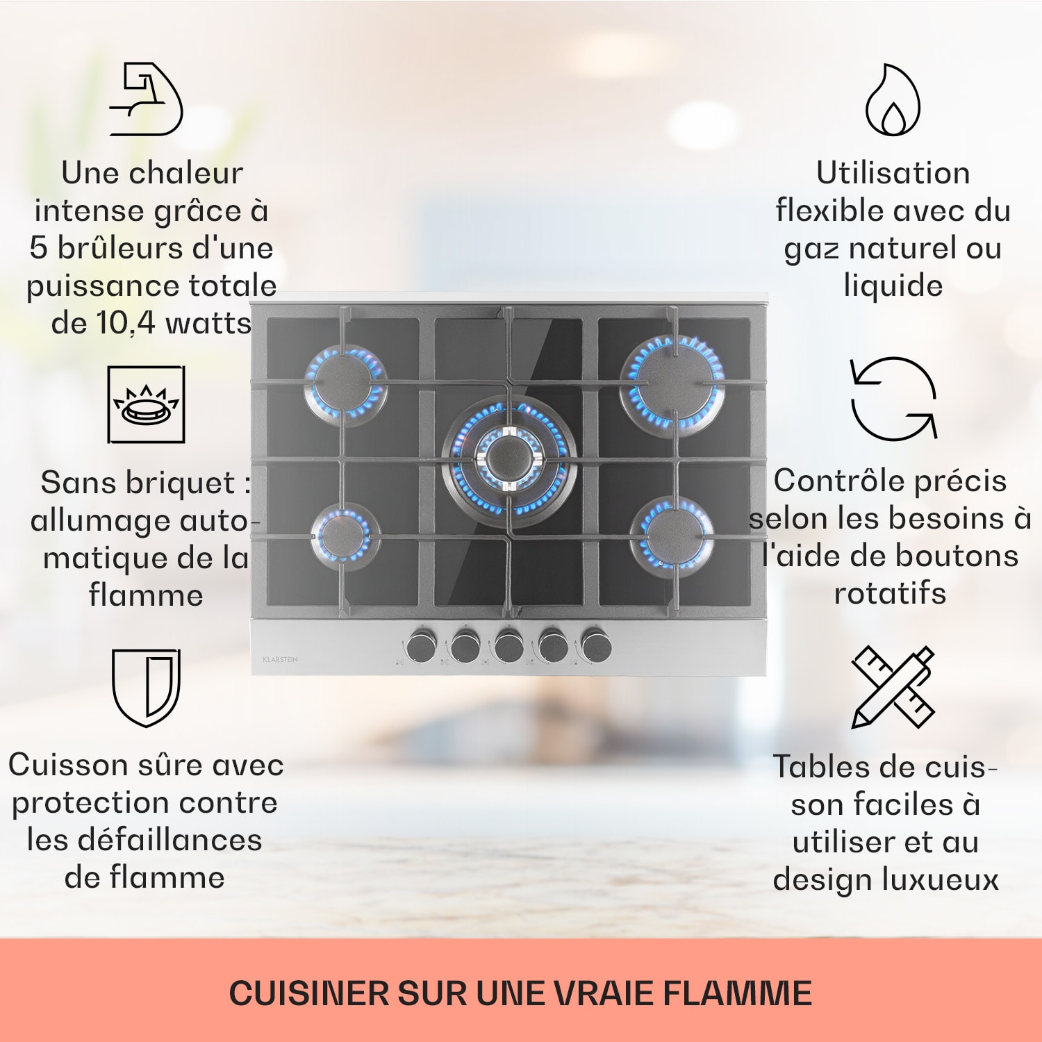 Alchemist 5 zones gaskookplaat aluminium branders glaskeramiek zwart 70 cm | 5 branders | Zilver