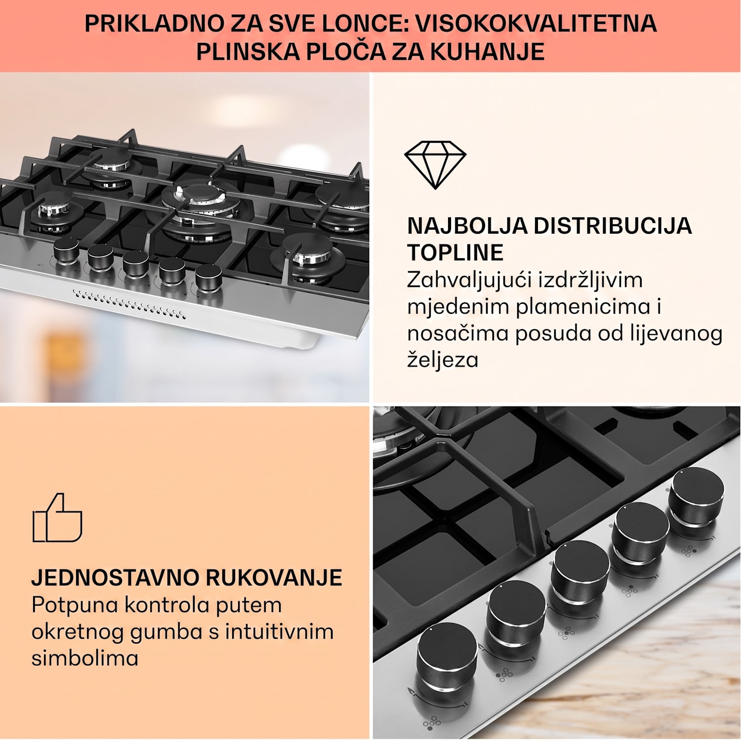 Alchemist, 5-zonska plinska ploča kuhanje, aluminijski plamenici, staklokeramika, crna 70 cm | 5 plamenika | Srebro
