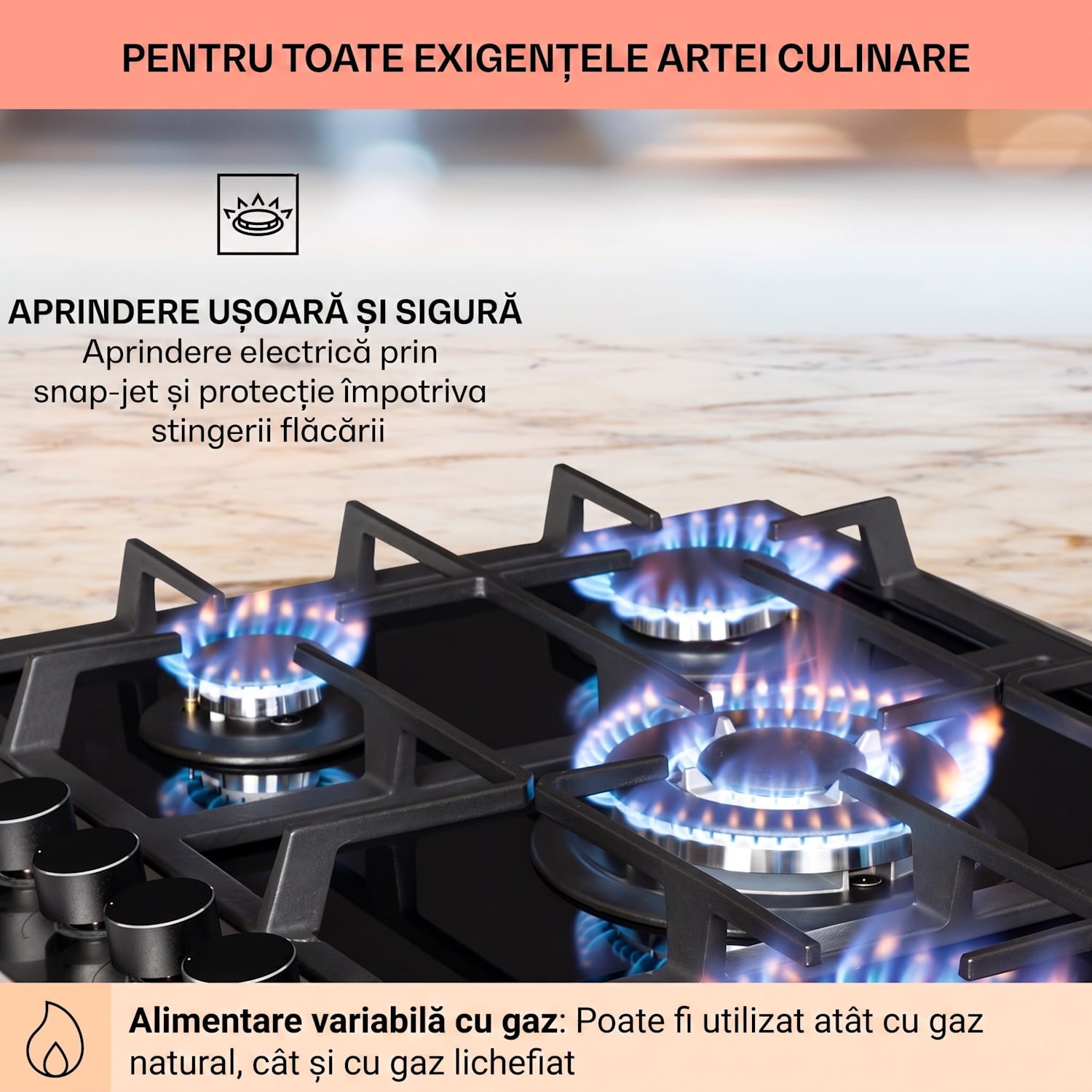 Alchemist, plită pe gaz cu 5 zone, arzătoare din aluminiu, sticlă-ceramică, negru 70 cm | 5 arzatoare | Argintiu