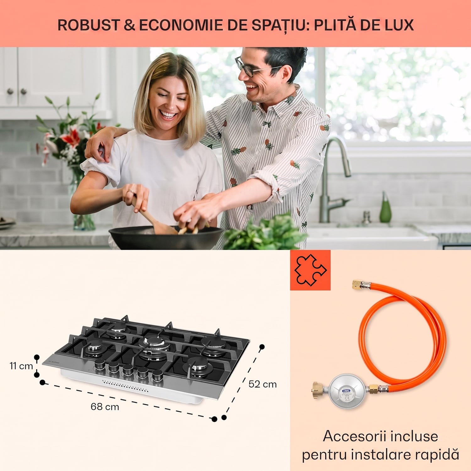 Alchemist, plită pe gaz cu 5 zone, arzătoare din aluminiu, sticlă-ceramică, negru 70 cm | 5 arzatoare | Argintiu