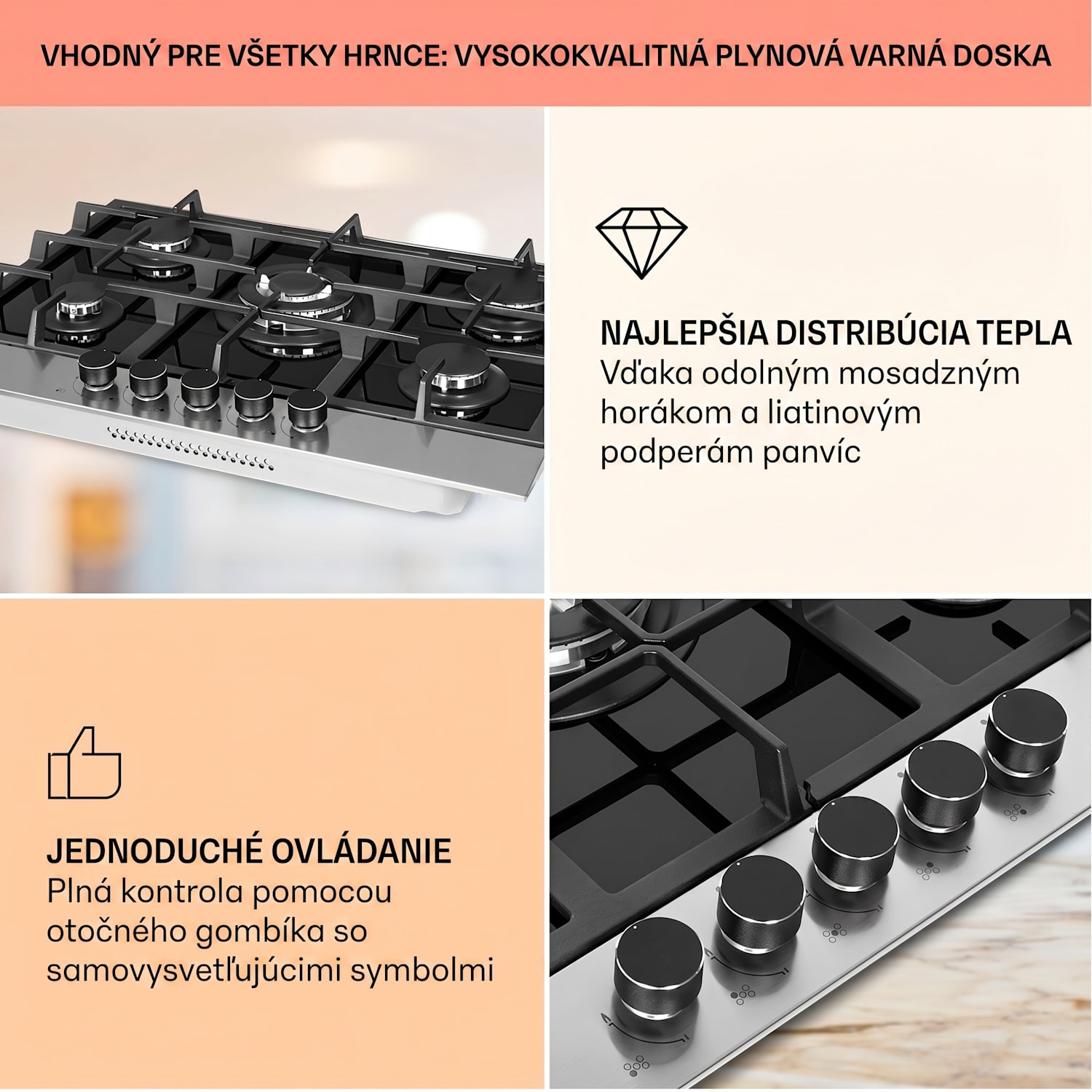 Alchemist, plynová varná doska, 5 hliníkových horákov, sklokeramika, čierna 70 cm | 5 horákov | Strieborná