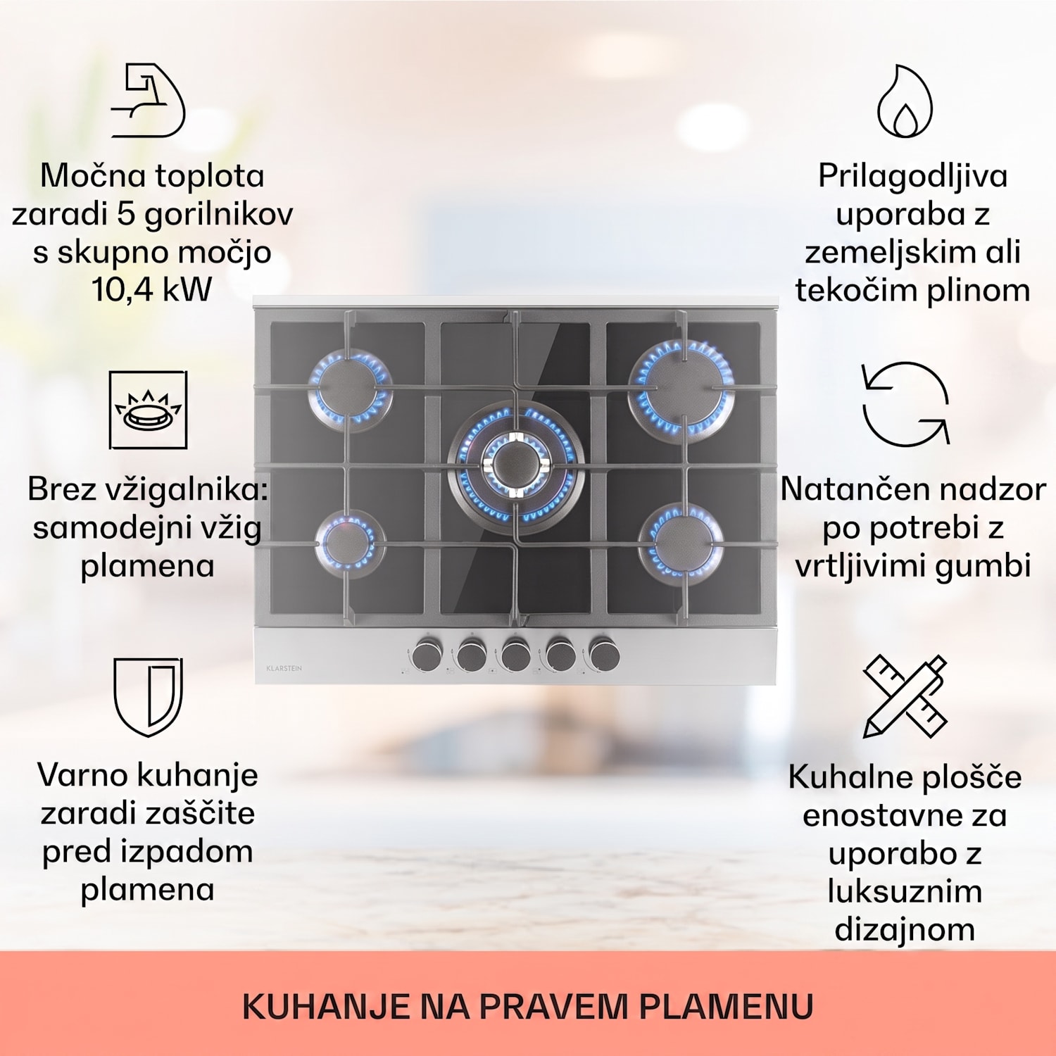 Alchemist, 5-conska plinska kuhalna plošča, aluminijasti gorilniki, steklokeramika, črna 70 cm | 5 gorilnikov | Srebrna