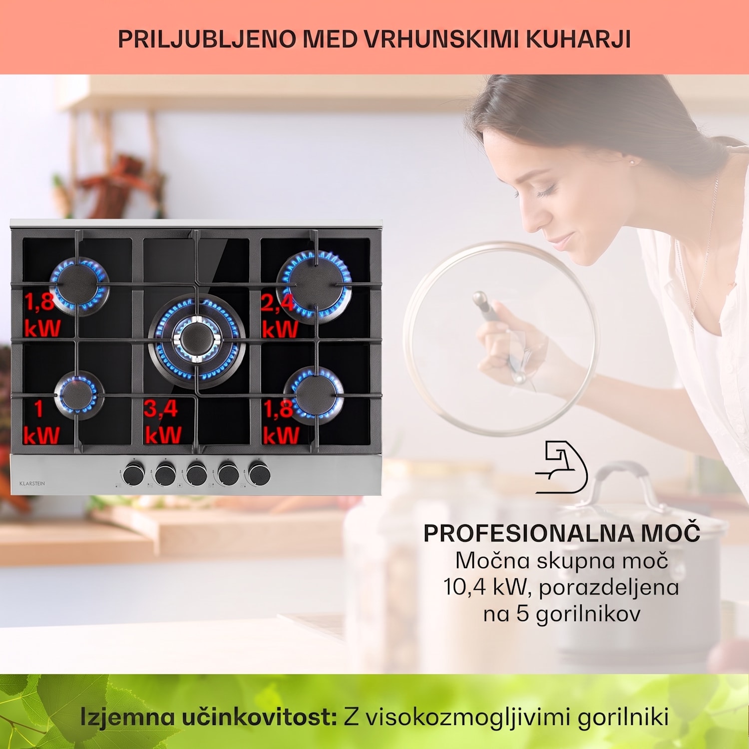Alchemist, 5-conska plinska kuhalna plošča, aluminijasti gorilniki, steklokeramika, črna 70 cm | 5 gorilnikov | Srebrna