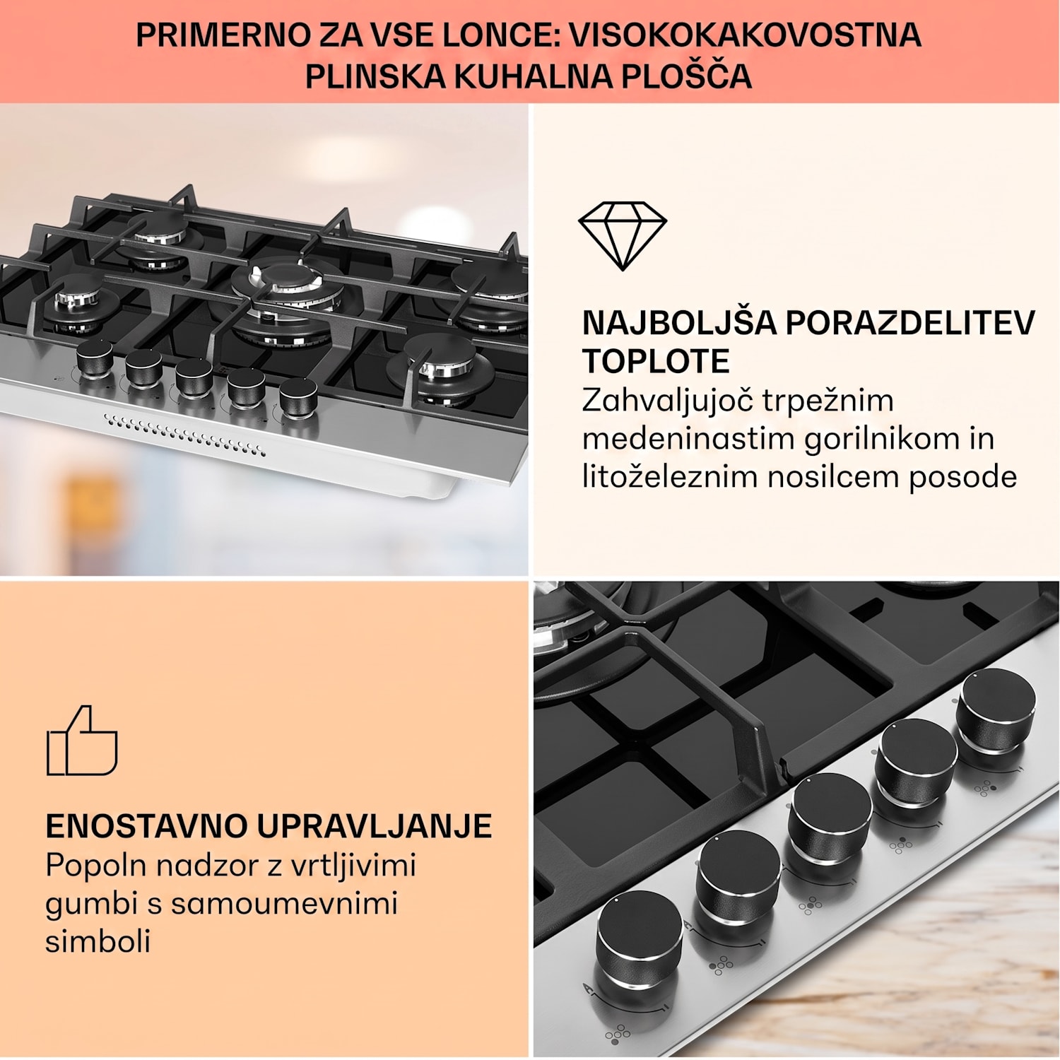 Alchemist, 5-conska plinska kuhalna plošča, aluminijasti gorilniki, steklokeramika, črna 70 cm | 5 gorilnikov | Srebrna