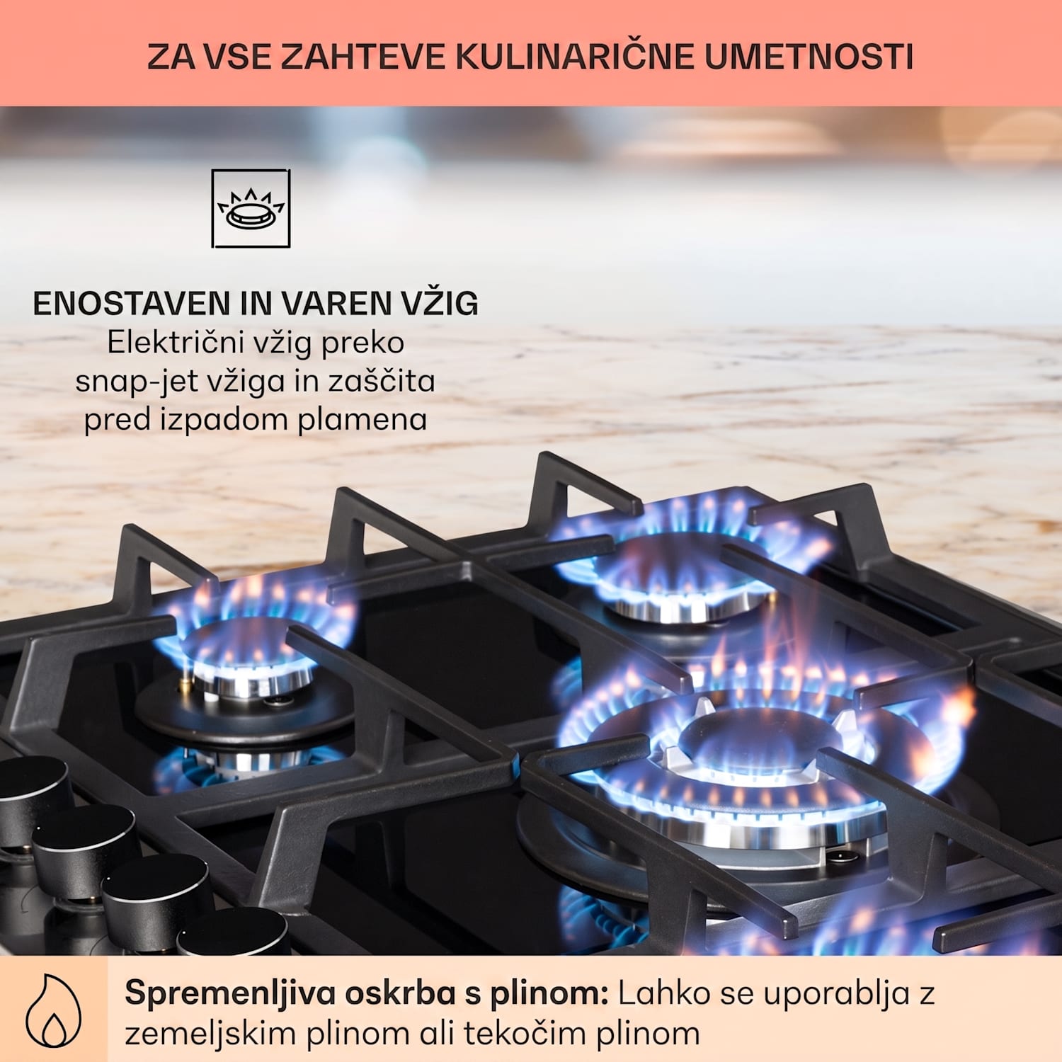 Alchemist, 5-conska plinska kuhalna plošča, aluminijasti gorilniki, steklokeramika, črna 70 cm | 5 gorilnikov | Srebrna
