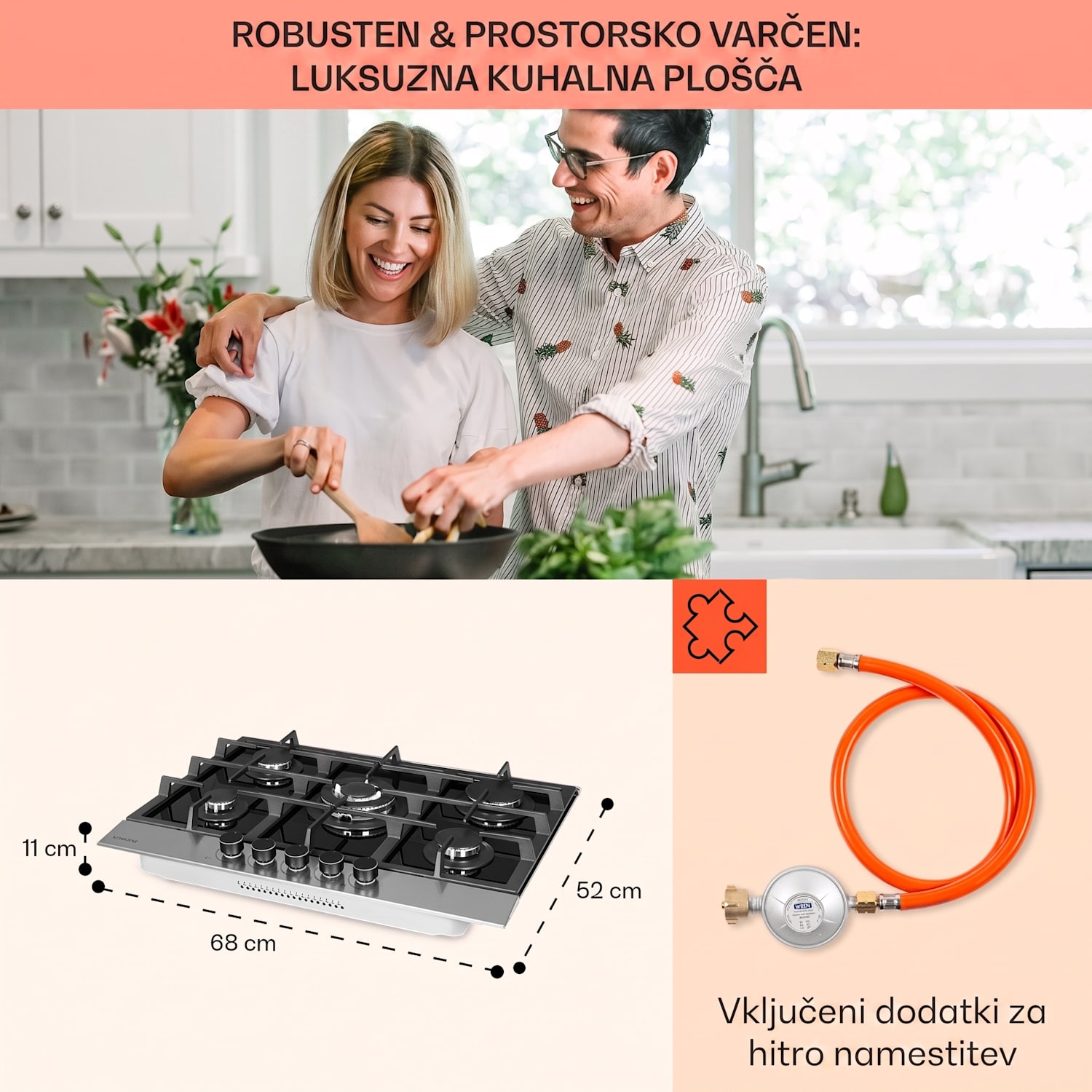 Alchemist, 5-conska plinska kuhalna plošča, aluminijasti gorilniki, steklokeramika, črna 70 cm | 5 gorilnikov | Srebrna