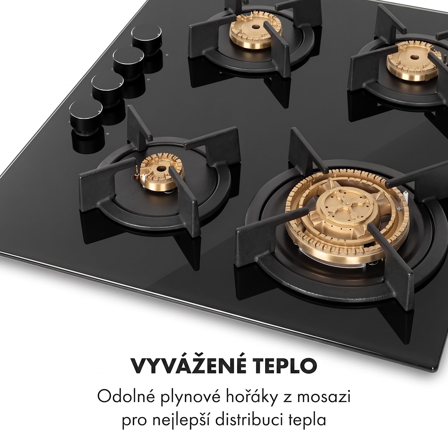 Goldflame 4, plynová varná deska, 4 mosazné hořáky, sklokeramika, černá 60 cm s ovládáním vpředu | 4 hořáky | Černá
