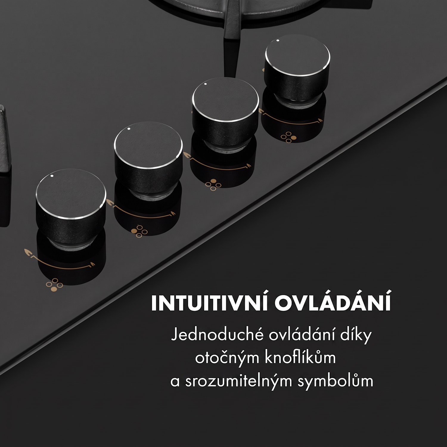 Goldflame 4, plynová varná deska, 4 mosazné hořáky, sklokeramika, černá 60 cm s ovládáním vpředu | 4 hořáky | Černá