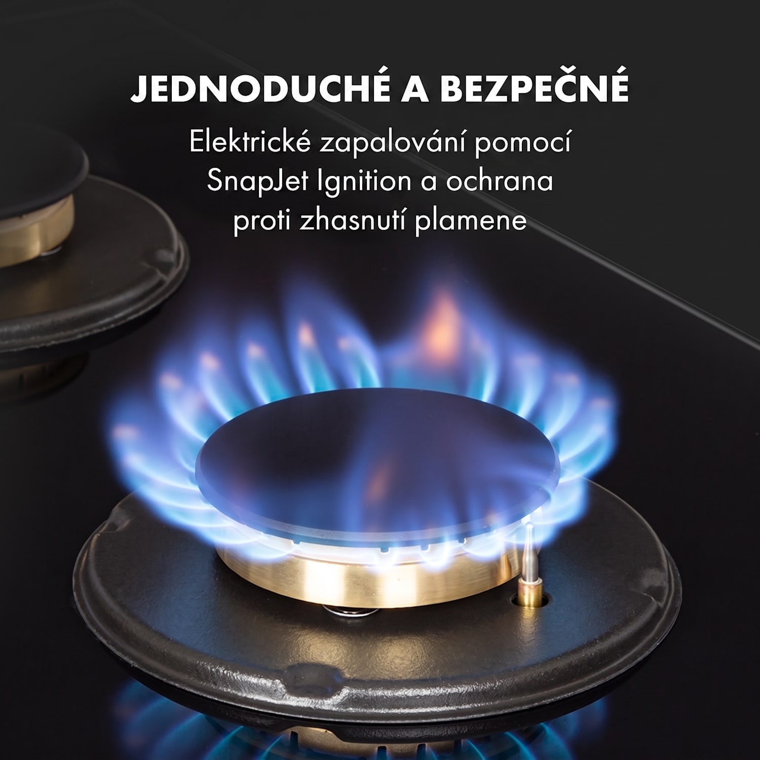 Goldflame 4, plynová varná deska, 4 mosazné hořáky, sklokeramika, černá 60 cm s ovládáním vpředu | 4 hořáky | Černá