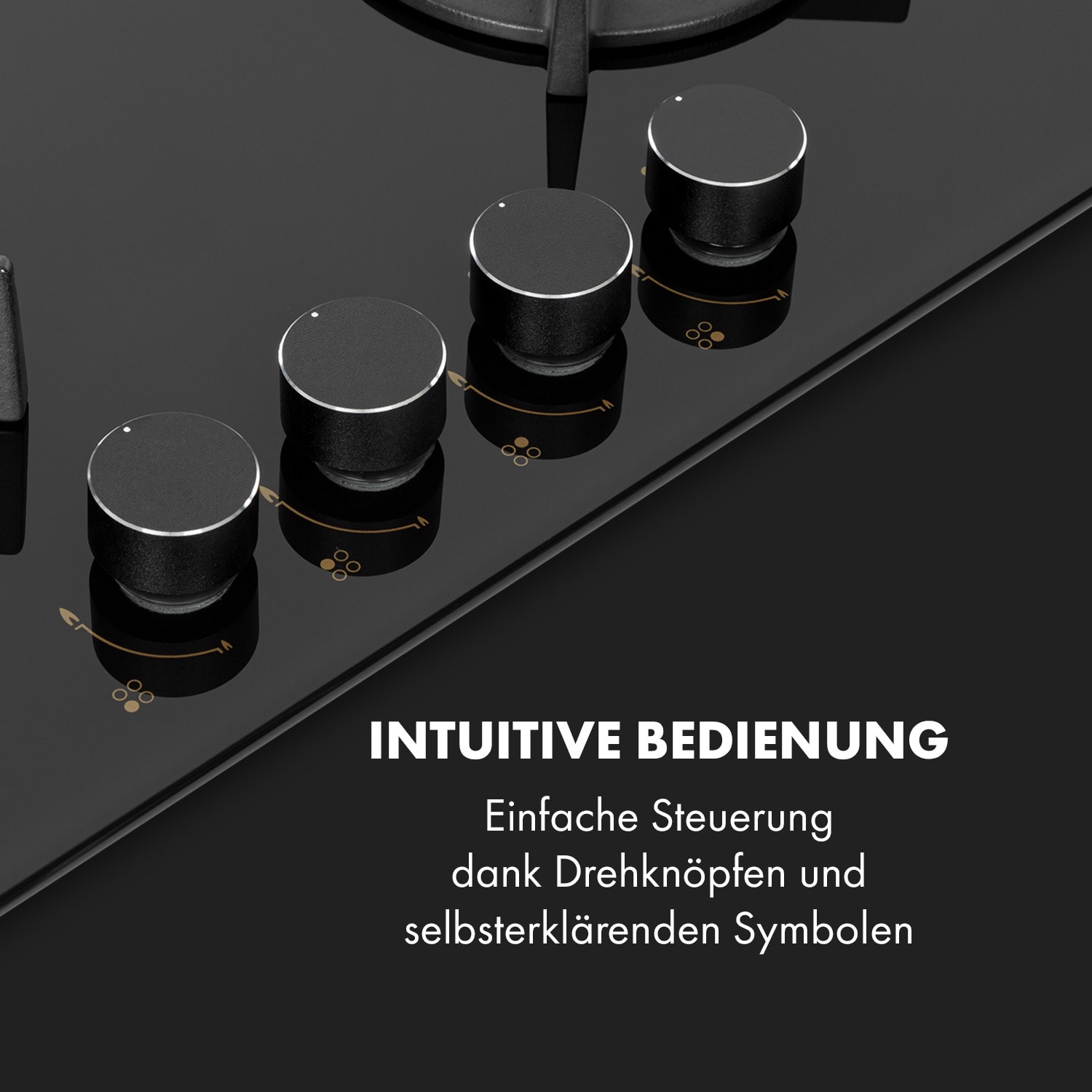 Goldflame 4 piano cottura a gas 4 fuochi bruciatori d'ottone vetroceramica nero 60 cm con comandi frontali | 4 bruciatori | Nero