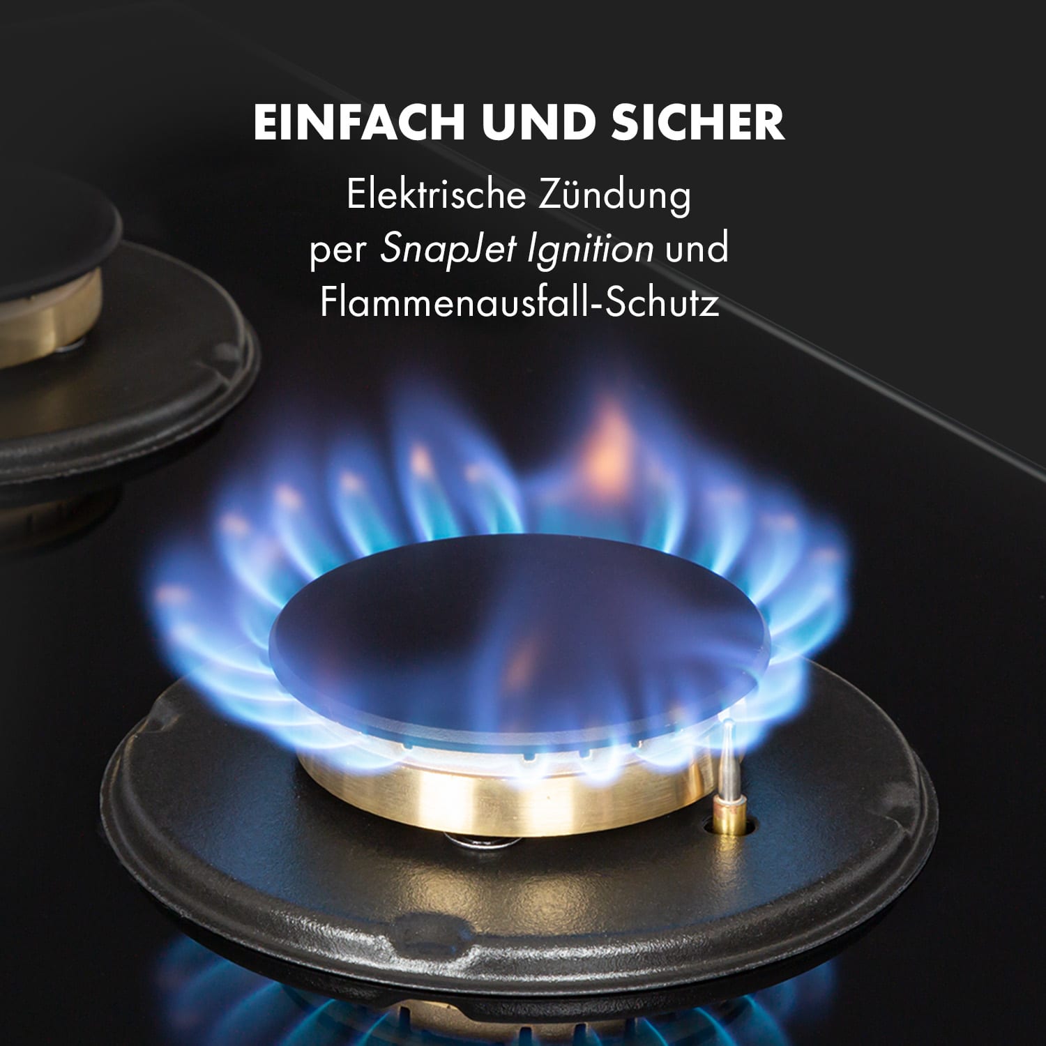 Goldflame 4 Gaskochfeld 4-flammig Messing-Brenner Glaskeramik schwarz 60 cm mit Bedienung vorne | 4 Brenner | Schwarz