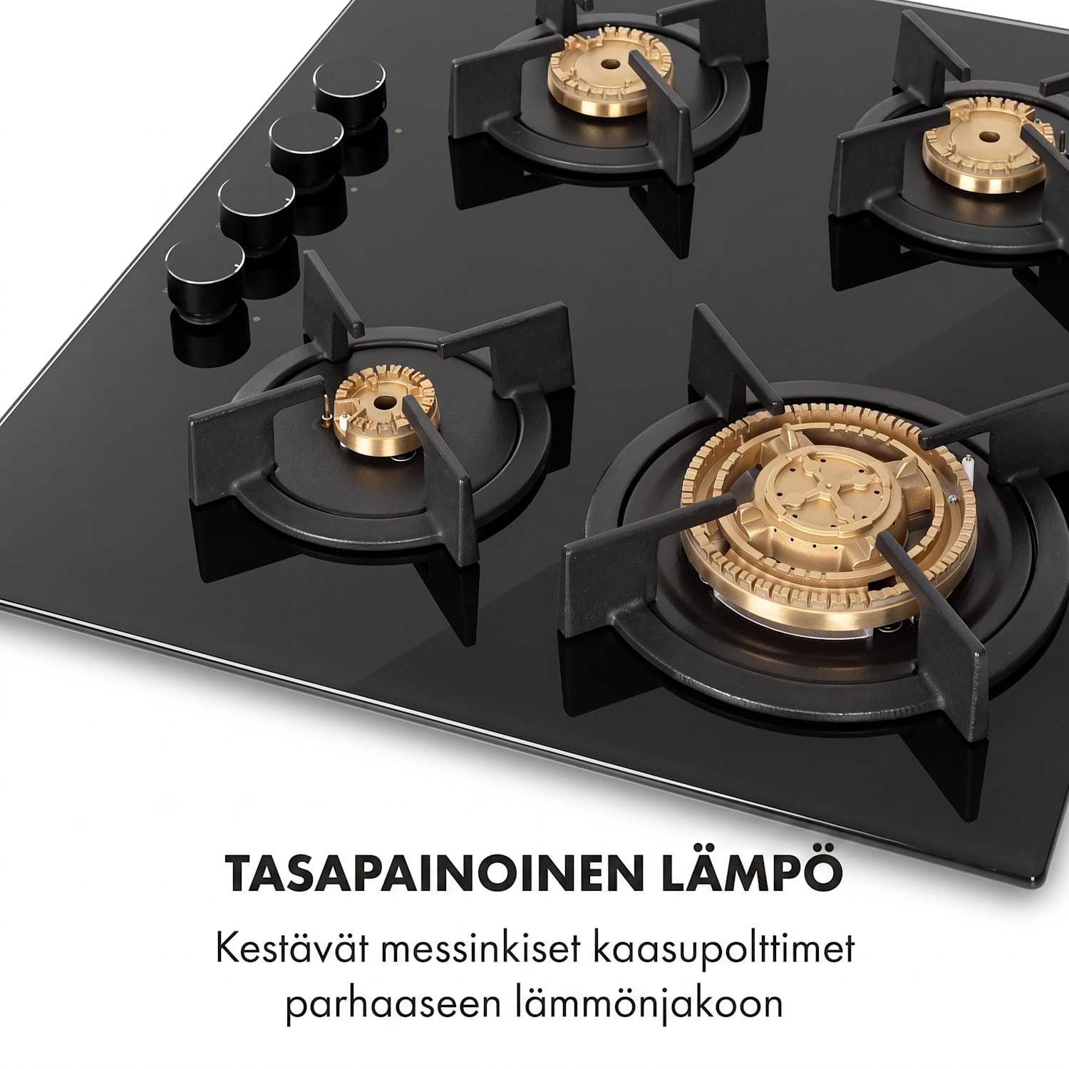 Goldflame 4-kaasuliesi 4-polttimella messinkipolttimet musta lasikeramiikka 60 cm etusäätimillä | 4 poltinta | Musta