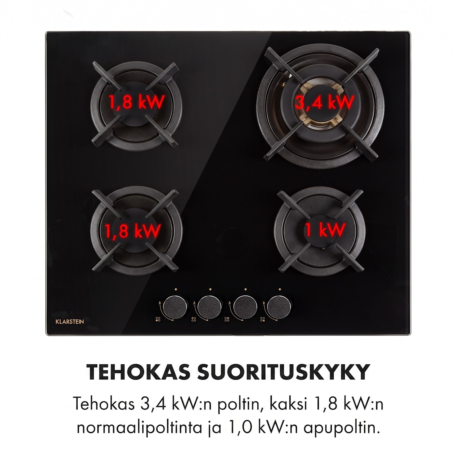 Goldflame 4-kaasuliesi 4-polttimella messinkipolttimet musta lasikeramiikka 60 cm etusäätimillä | 4 poltinta | Musta