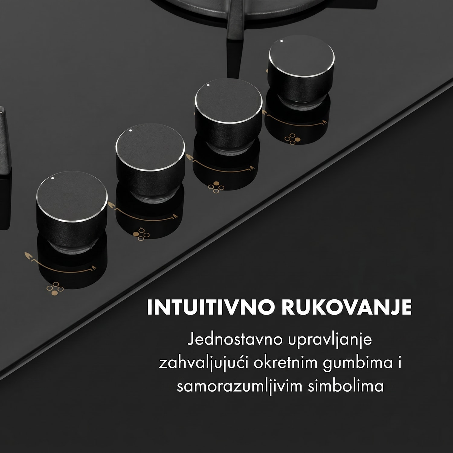 Goldflame 4, plinska ploča za kuhanje, 4 mjedena plamenika, staklokeramička, crna 60 cm s prednjim upravljanjem | 4 plamenika | Crna