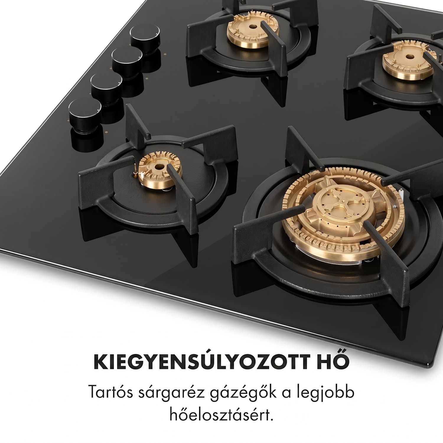 Goldflame 4, gázfőzőlap, 4 sárgaréz égőfej, üvegkerámia 60 cm előlapi vezérléssel | 4 égő | Fekete