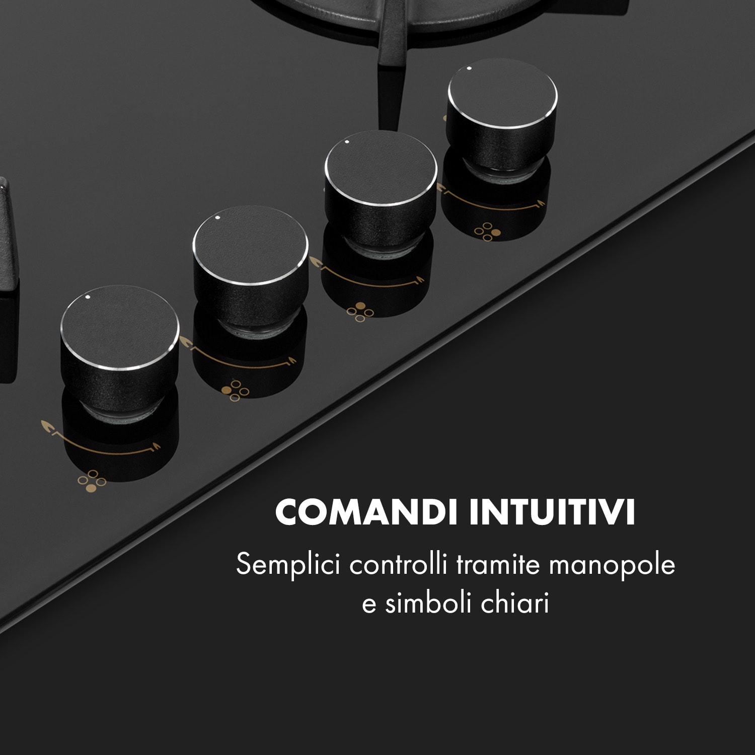 Goldflame 4 piano cottura a gas 4 fuochi bruciatori d'ottone vetroceramica nero 60 cm con comandi frontali | 4 bruciatori | Nero