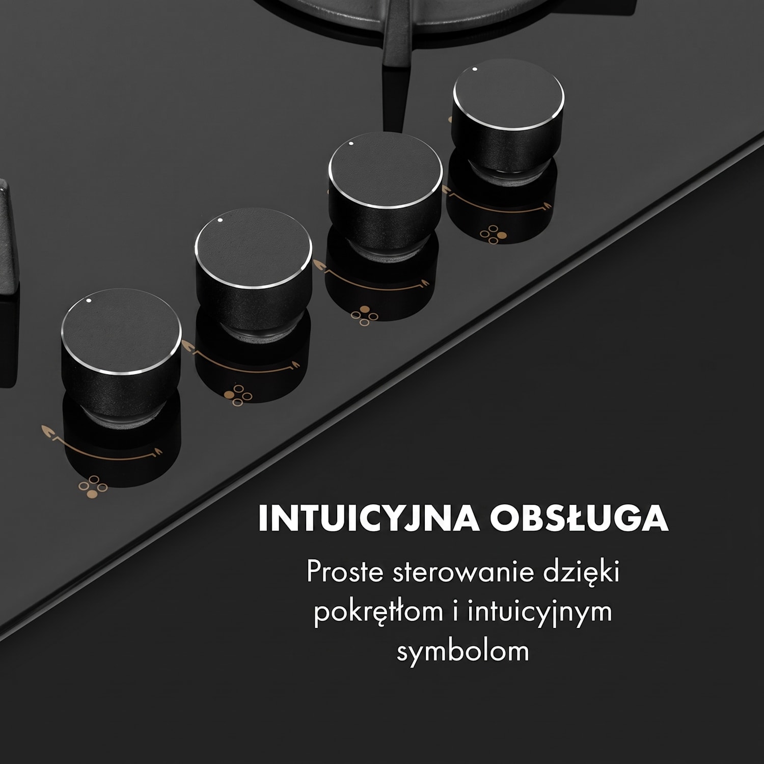 Goldflame 4, płyta gazowa, 4 palniki z mosiądzu, szkło ceramiczne 60 cm ze sterowaniem z przodu | 4 palniki | Czarny
