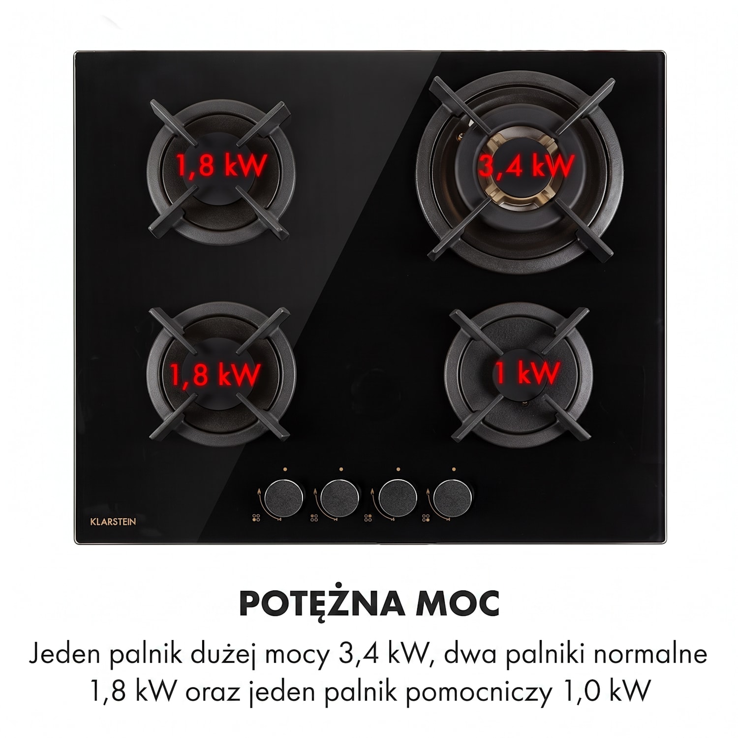 Goldflame 4, płyta gazowa, 4 palniki z mosiądzu, szkło ceramiczne 60 cm ze sterowaniem z przodu | 4 palniki | Czarny