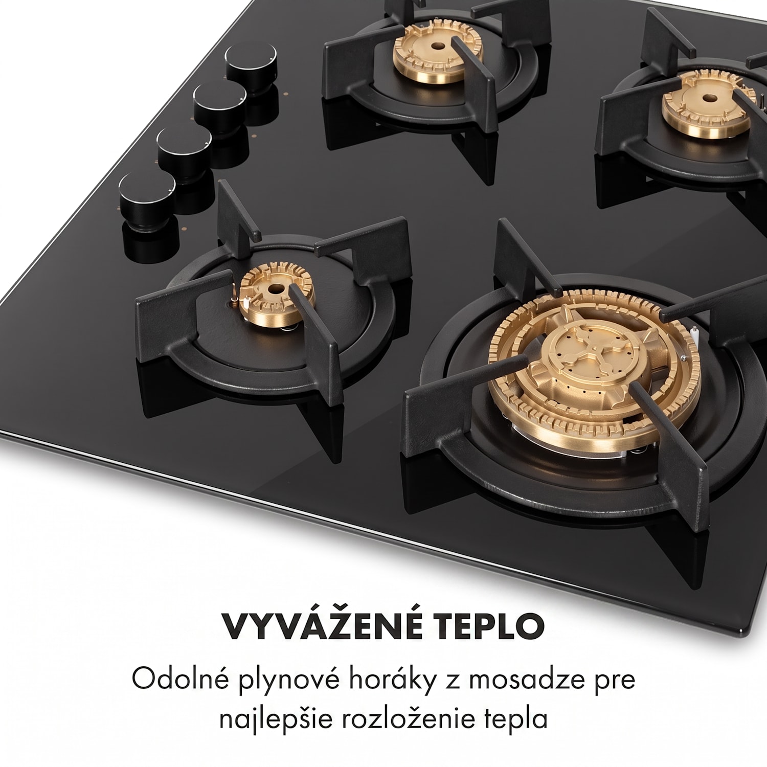 Goldflame 4, plynová varná doska, 4 mosadzné horáky, sklokeramika 60 cm s ovládaním vpredu | 4 horáky | Čierna