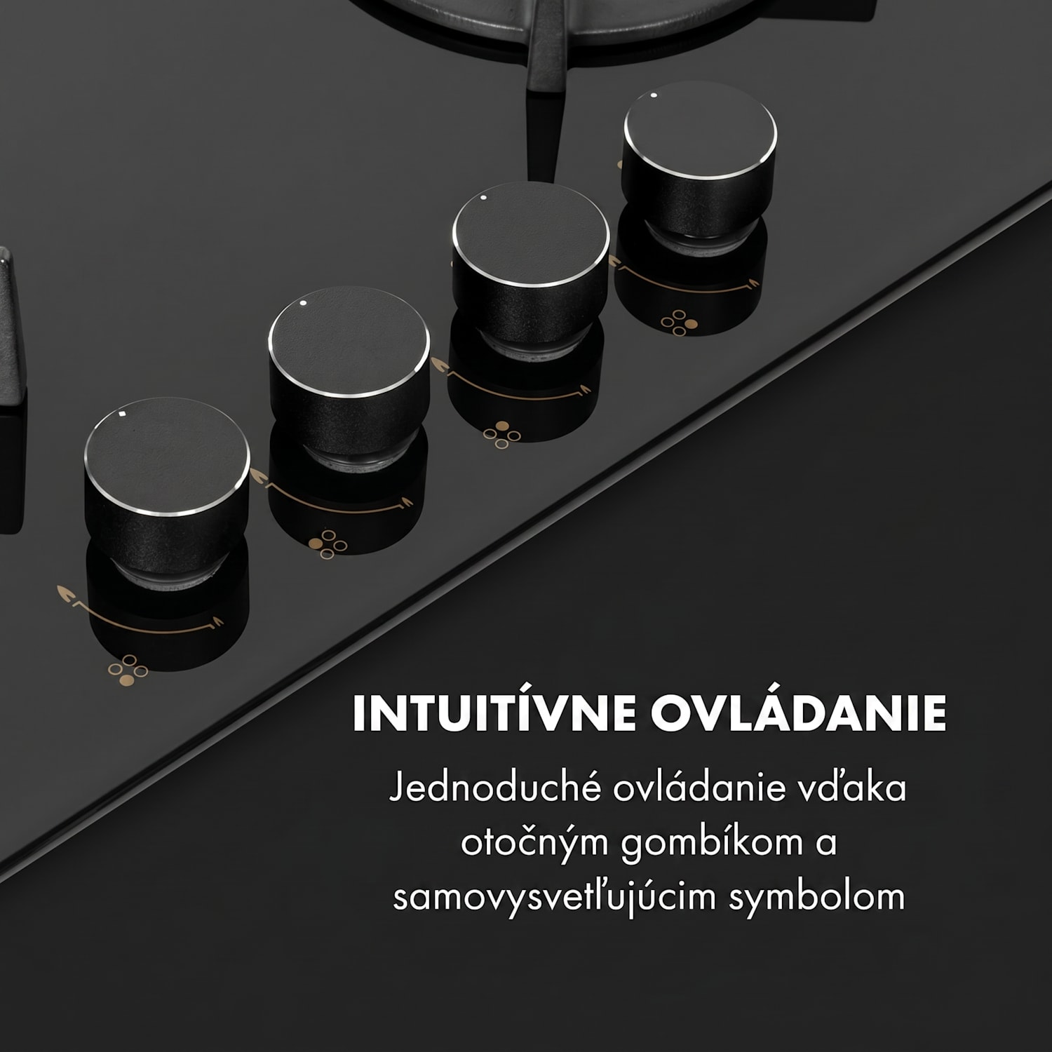 Goldflame 4, plynová varná doska, 4 mosadzné horáky, sklokeramika 60 cm s ovládaním vpredu | 4 horáky | Čierna