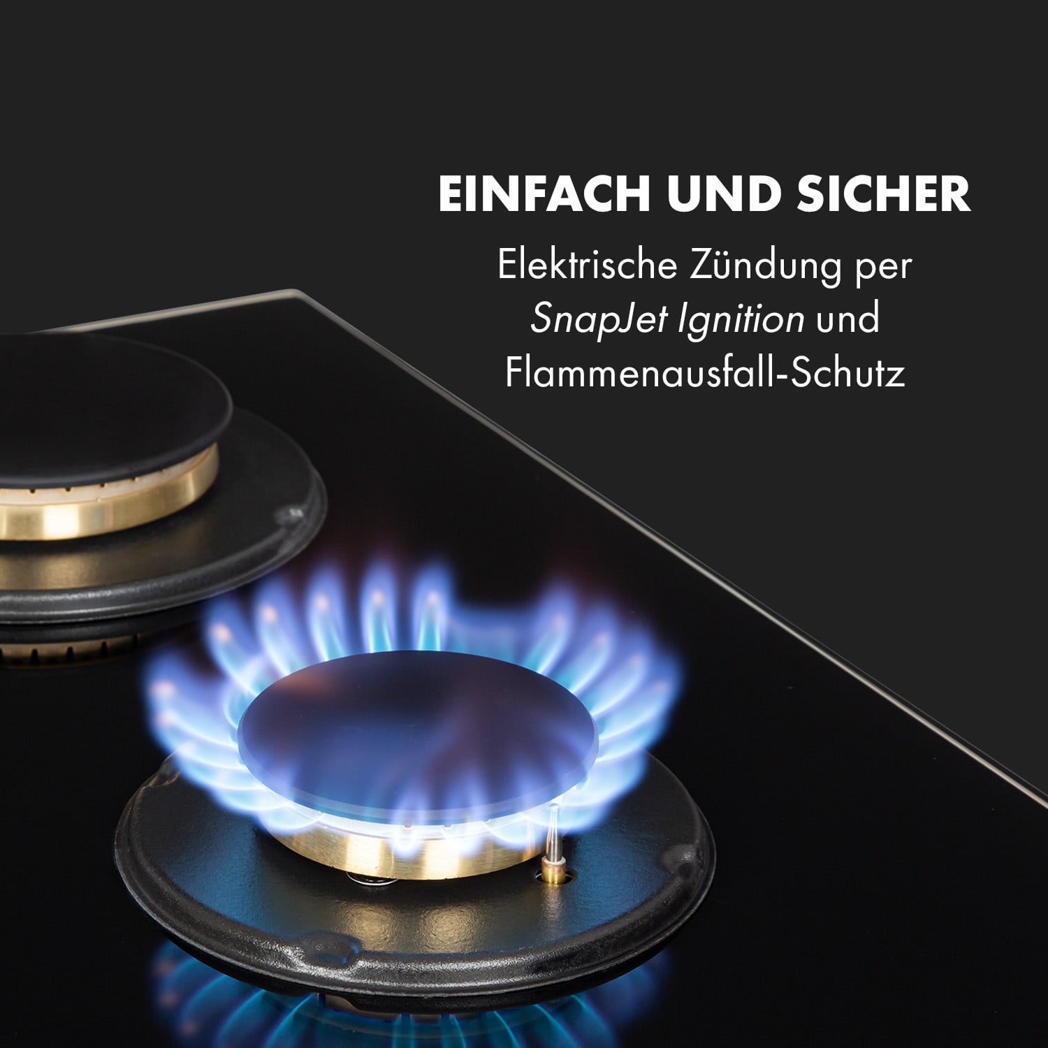 Goldflame 5 Gaskochfeld 5-flammig Messing-Brenner Glaskeramik schwarz 70 cm | 5 Brenner | Schwarz