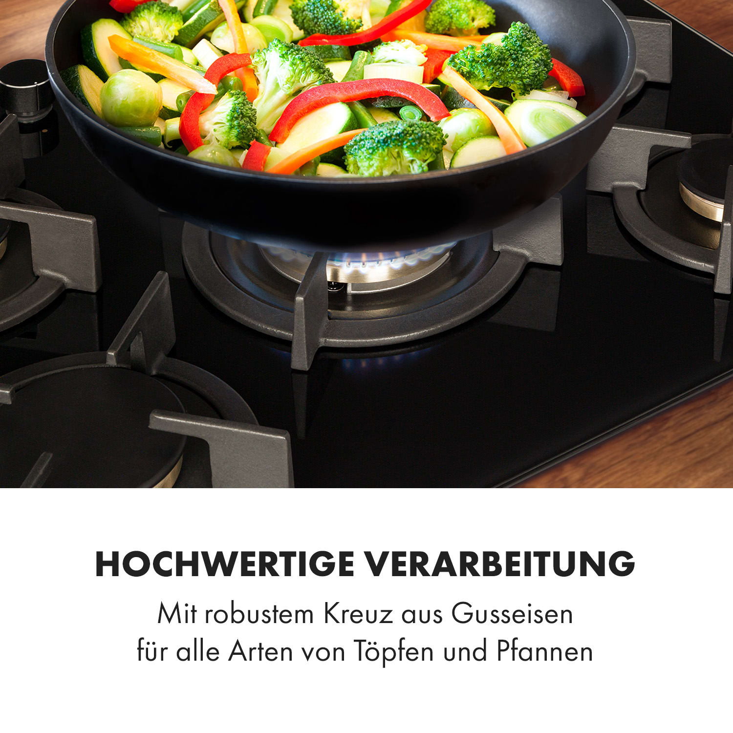 Goldflame 5 Gaskochfeld 5-flammig Messing-Brenner Glaskeramik schwarz 70 cm | 5 Brenner | Schwarz