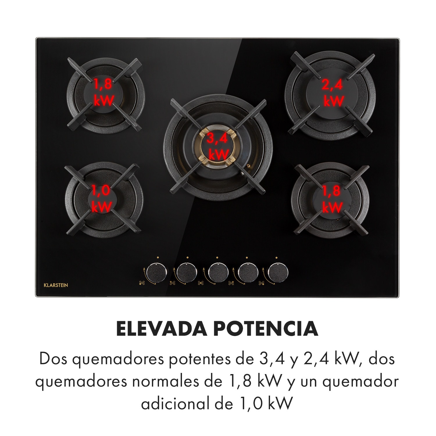 Goldflame 5 Cocina a gas con 5 fogones de latón y vitrocerámica de color negro 