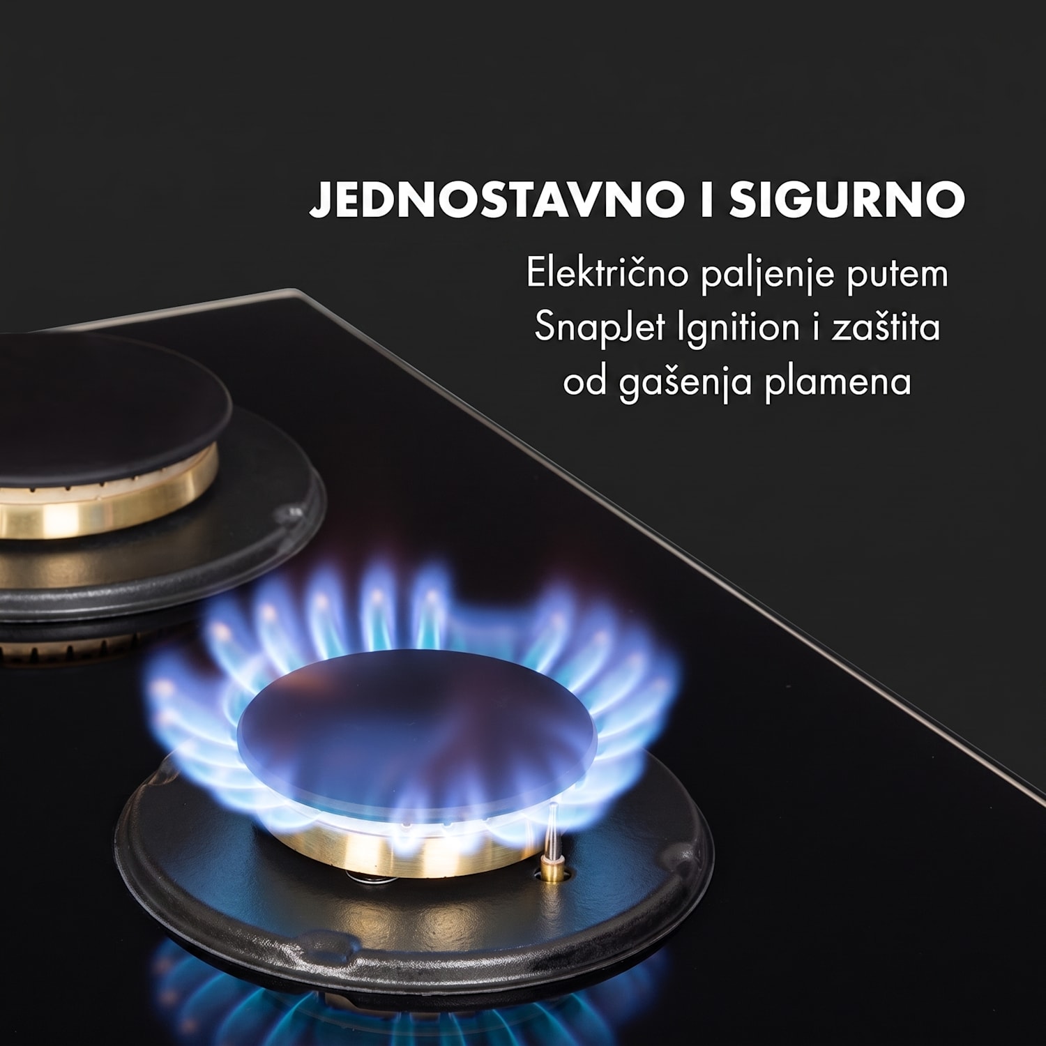 Goldflame 5, plinska ploča za kuhanje, 5 mjedenih plamenika, staklokeramika, crna 70 cm | 5 plamenika | Crna