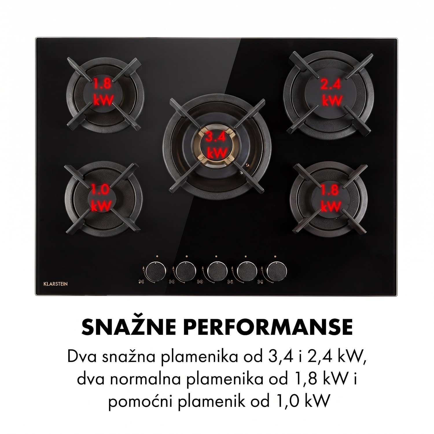 Goldflame 5, plinska ploča za kuhanje, 5 mjedenih plamenika, staklokeramika, crna 70 cm | 5 plamenika | Crna