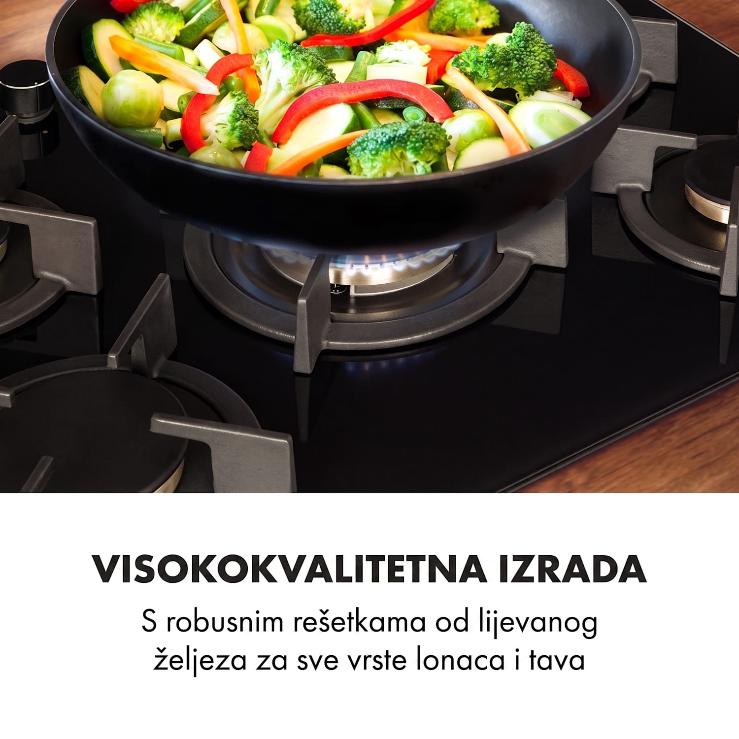 Goldflame 5, plinska ploča za kuhanje, 5 mjedenih plamenika, staklokeramika, crna 70 cm | 5 plamenika | Crna