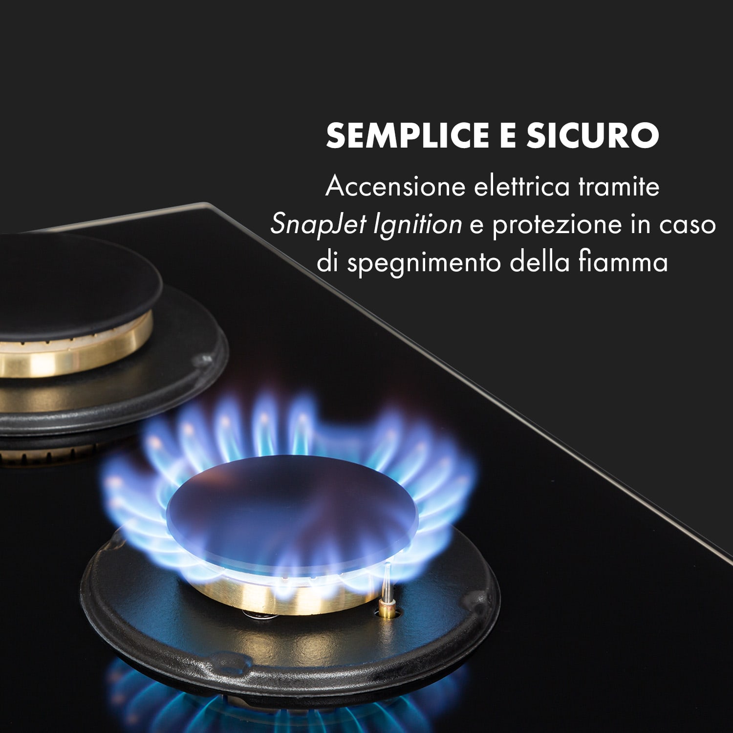 Goldflame 5 piano cottura a gas 5 fuochi bruciatori d'ottone vetroceramica nero 70 cm | 5 bruciatori | Nero